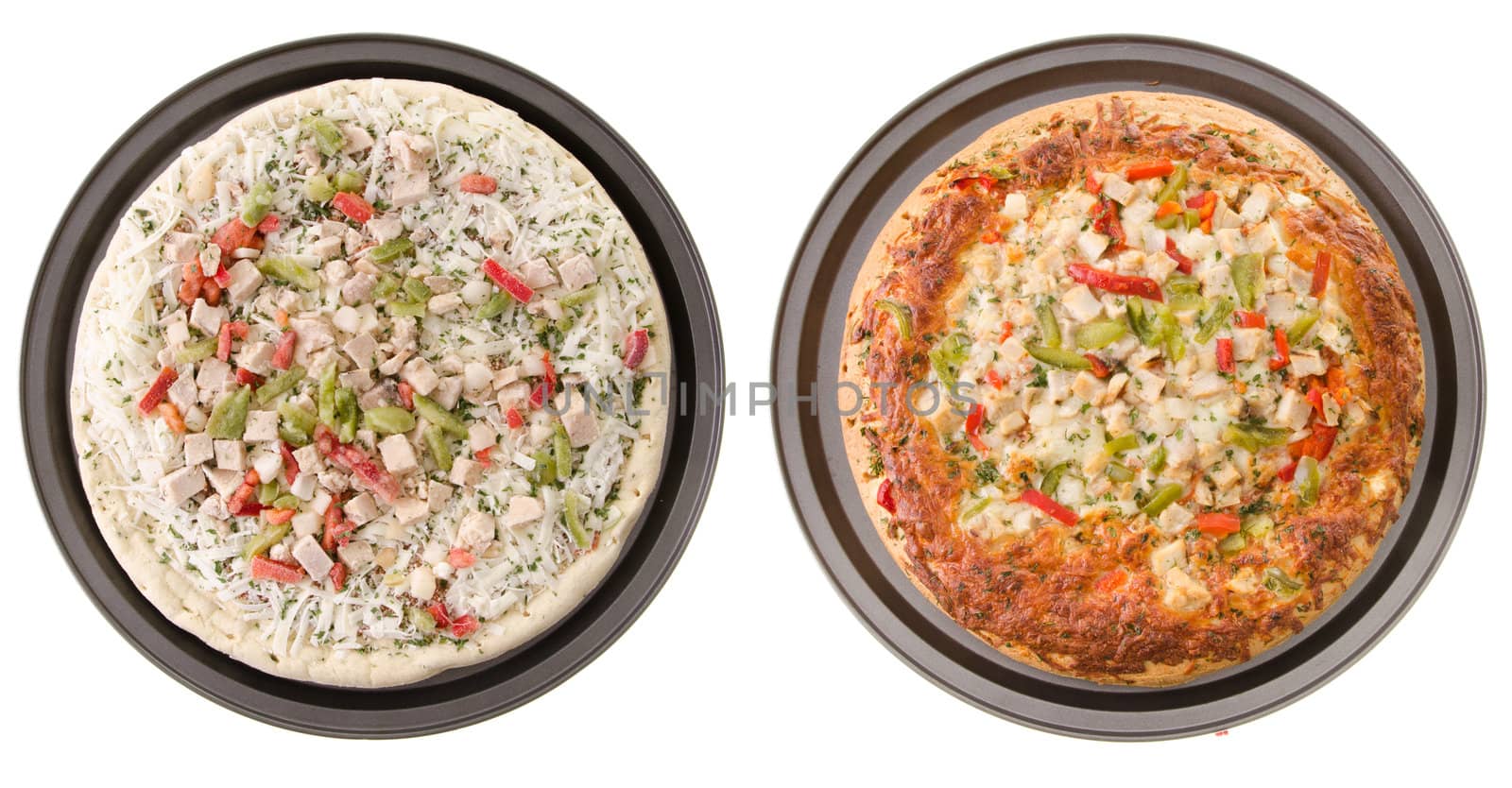 Comparison of a cooked and uncooked chicken pizza, isolated on a white background.