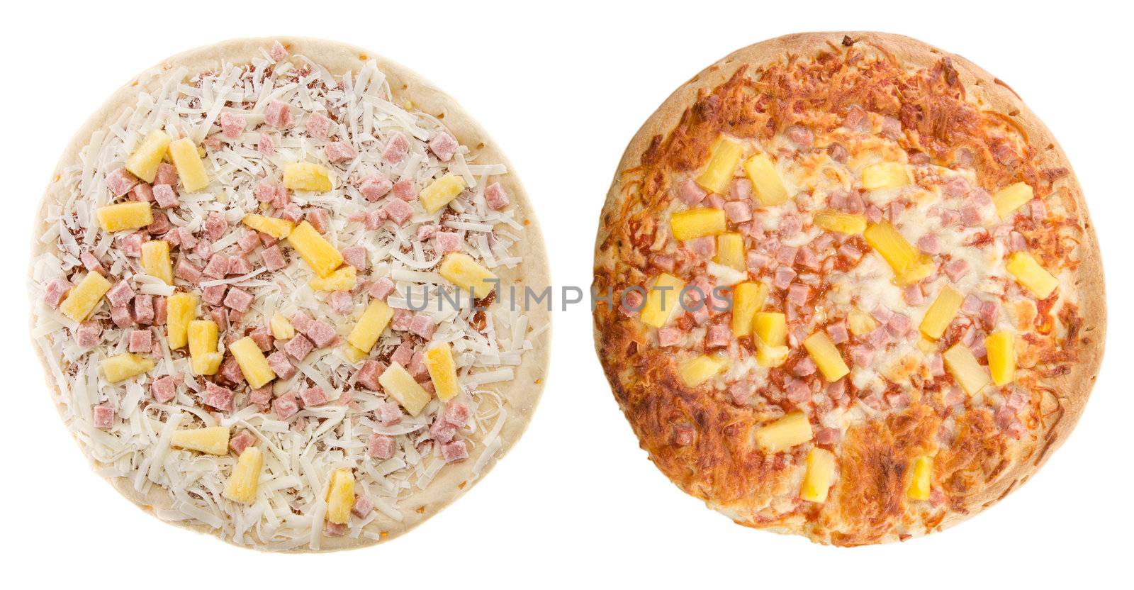 Comparison of a cooked and uncooked hawaiian pizza, isolated on a white background.