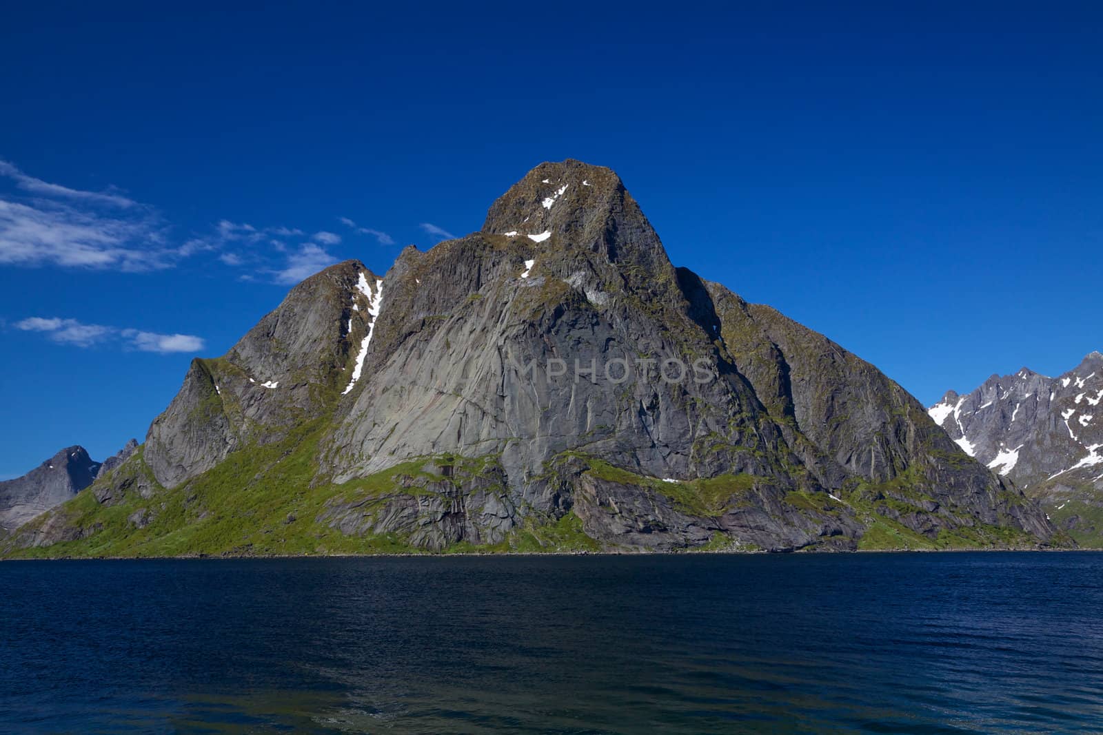 Picturesque fjord on Lofoten islands in arctic Norway