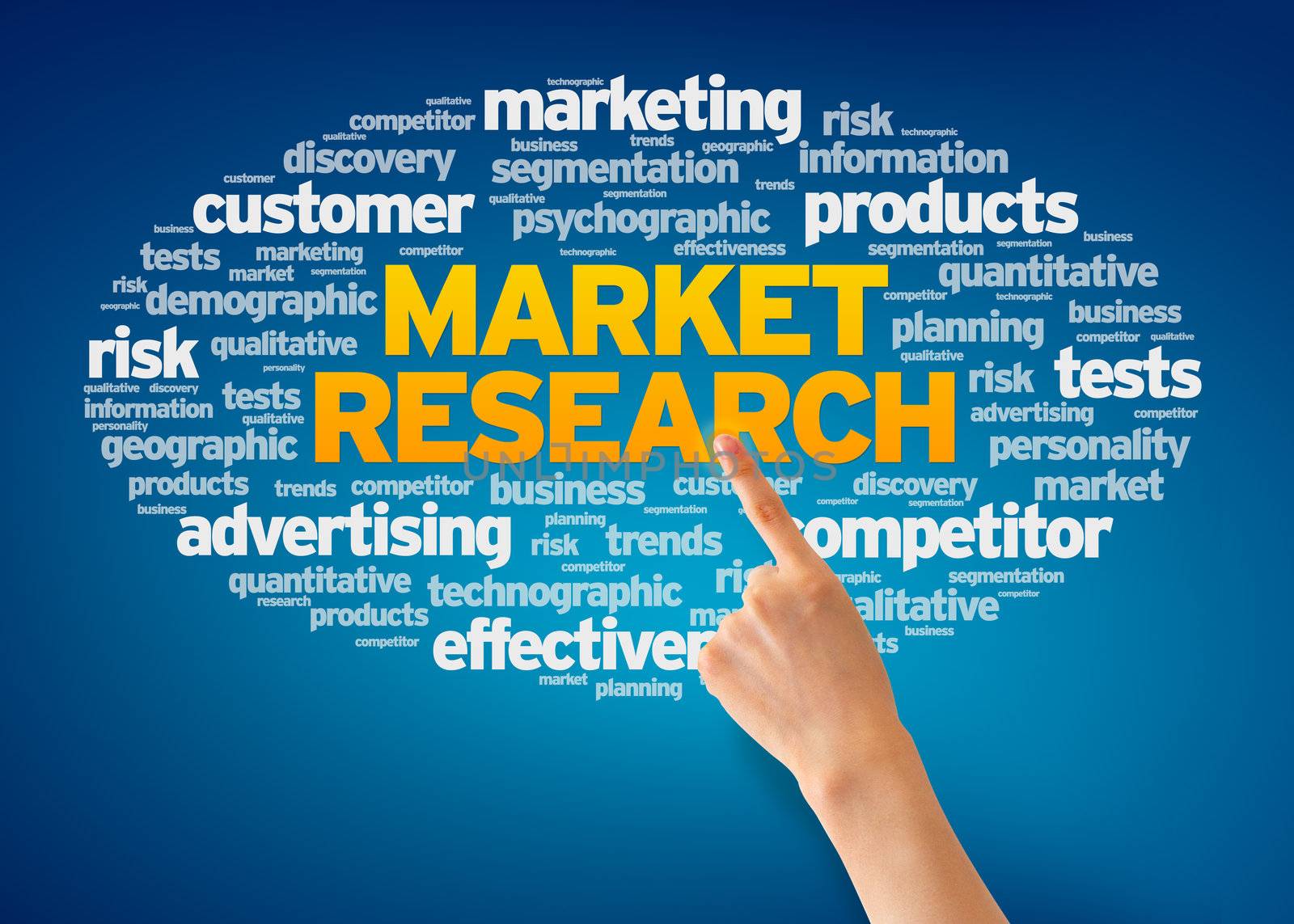 Hand pointing at a Market Research Word Cloud on blue background.