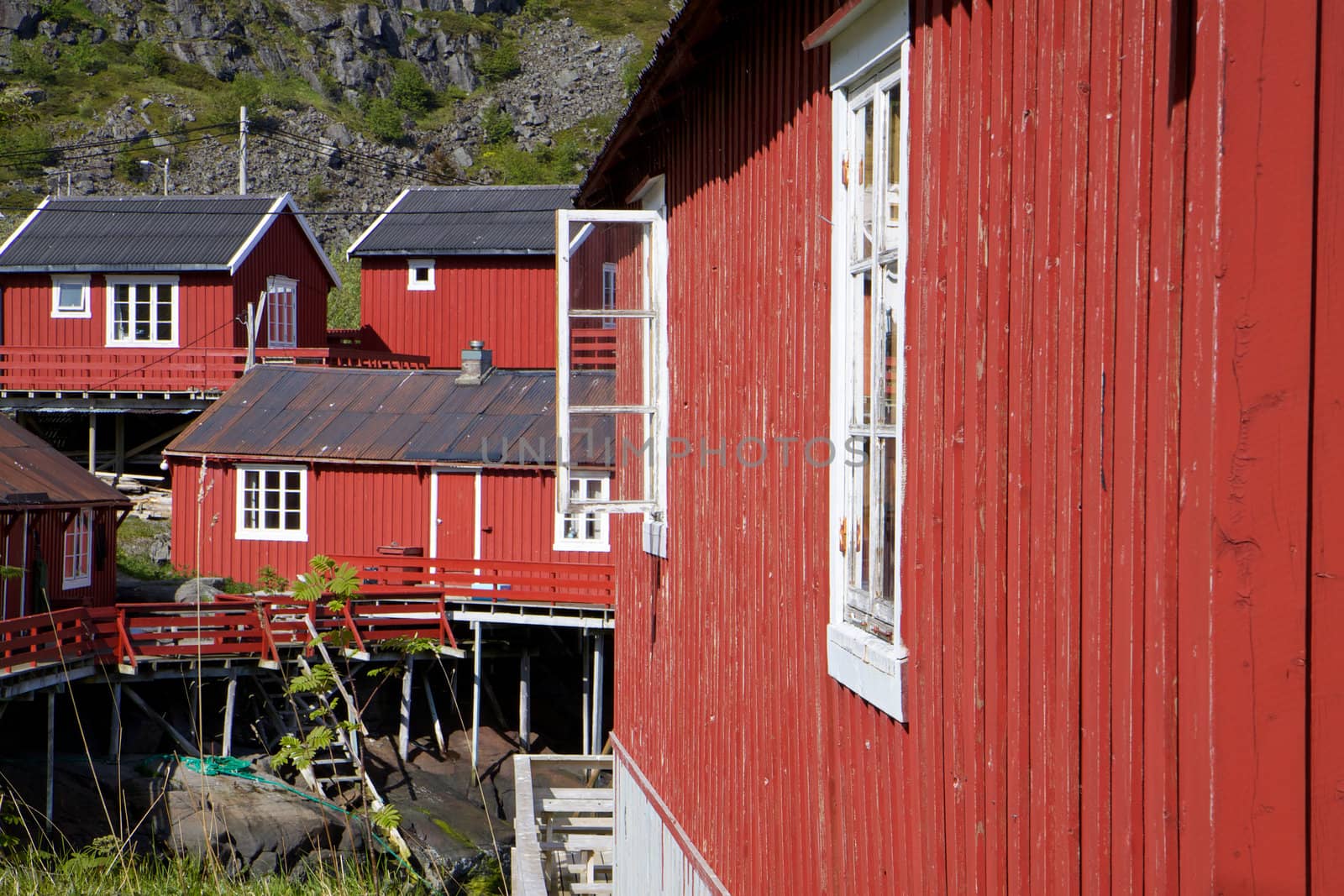 Traditional red fishing robu huts on Lofoten Islands, Norway