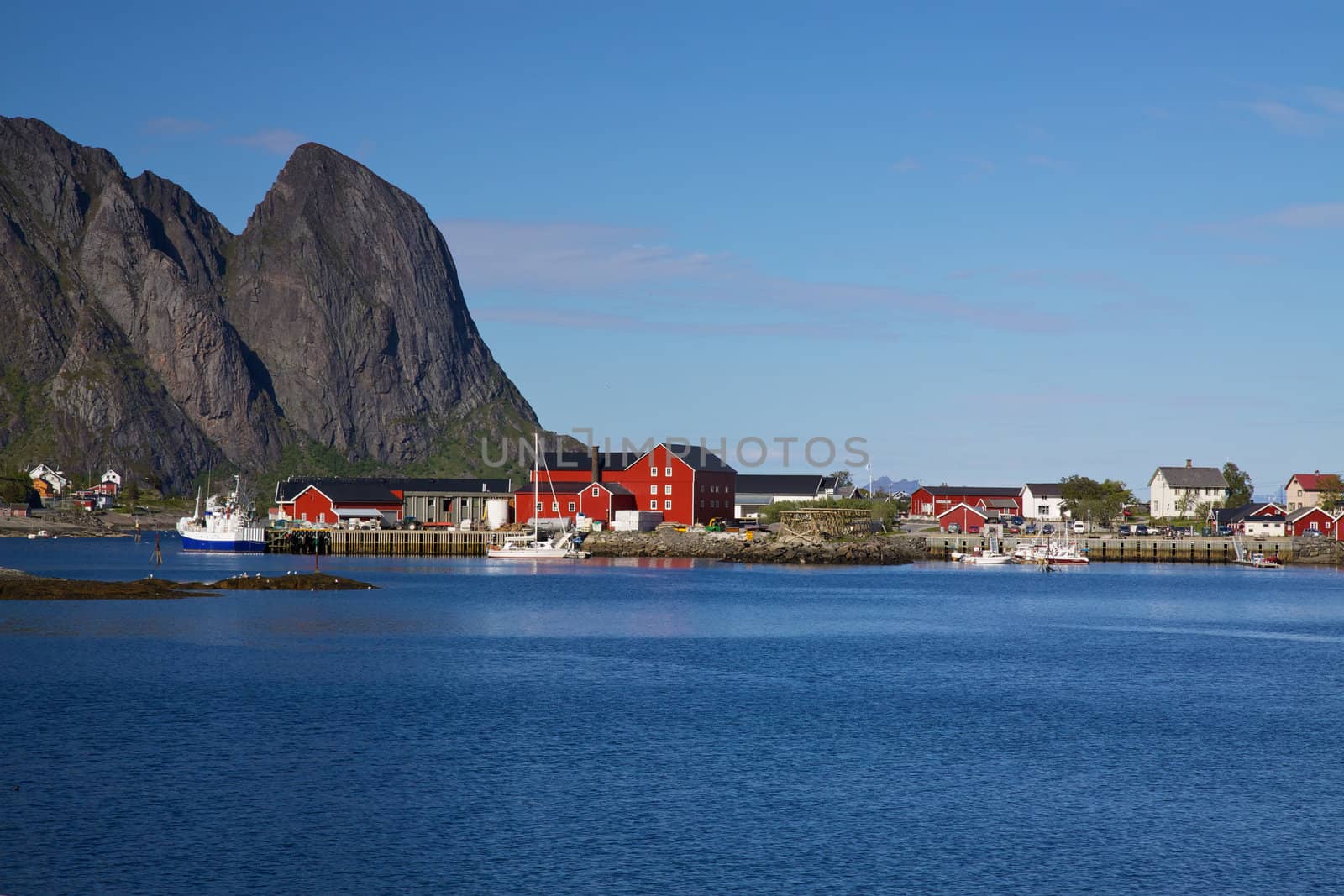 Typical norwegian fishing port  in town of Reine on Lofoten islands