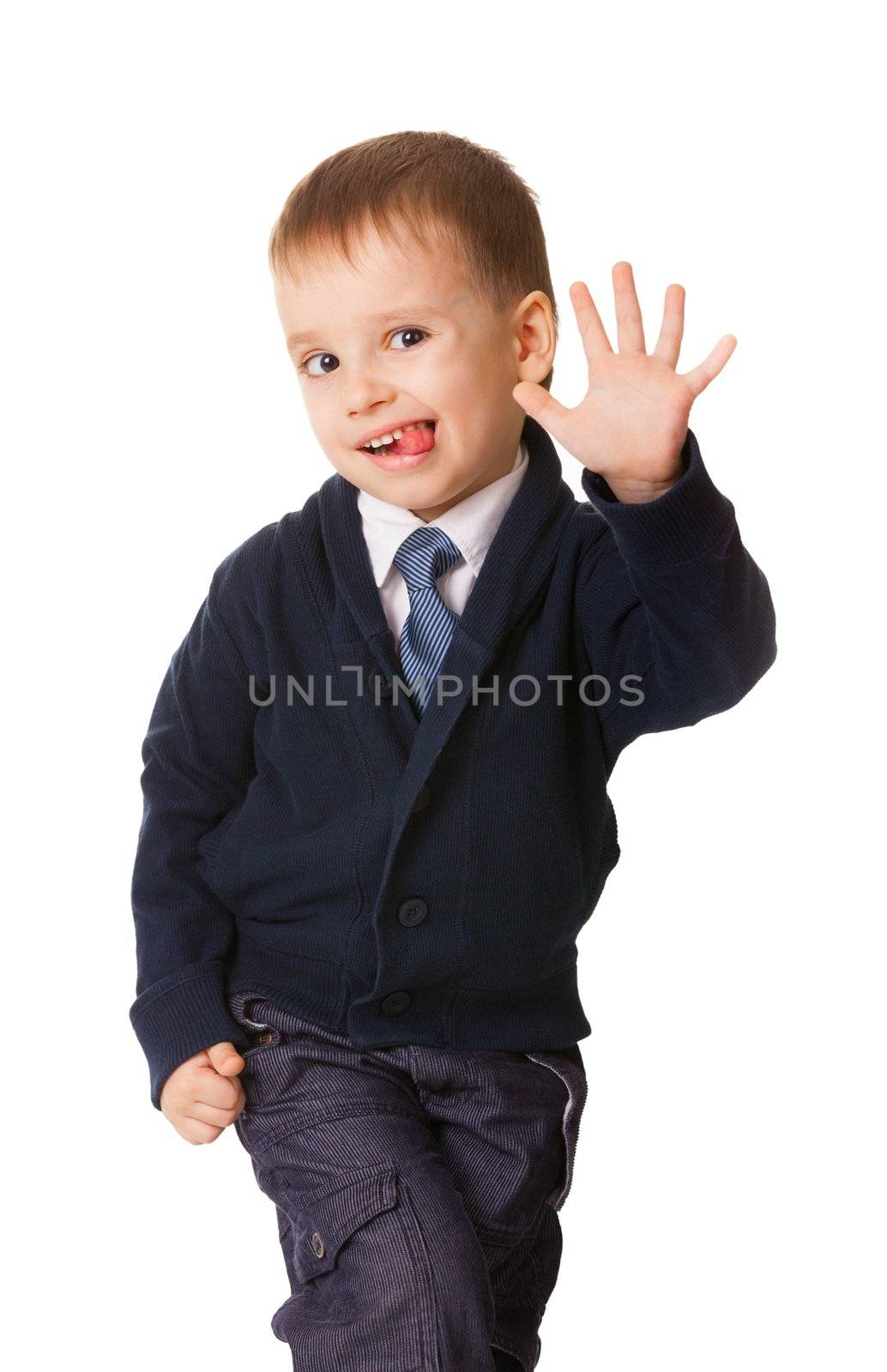 Funny small boy pull humorous faces, isolated on white background