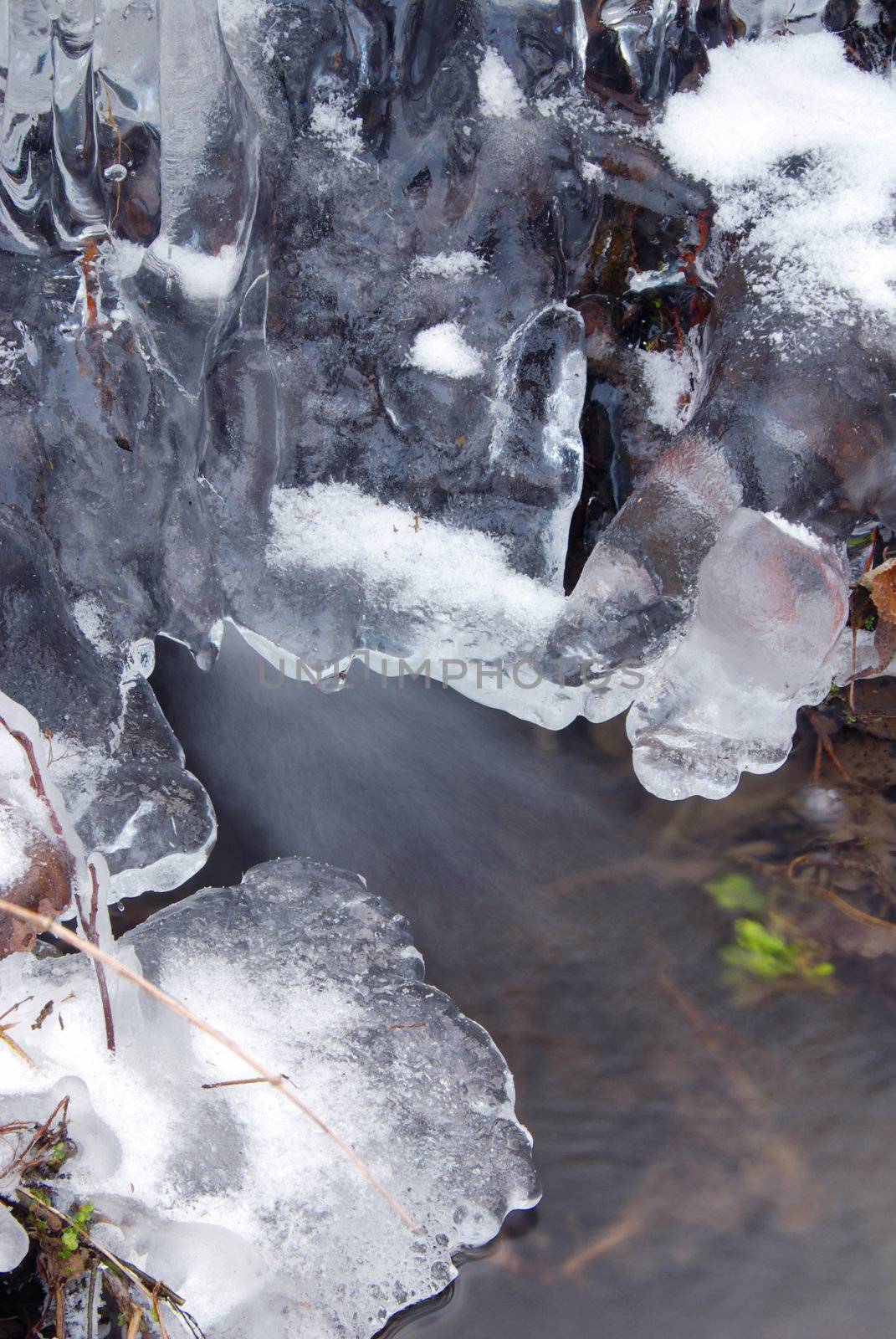 Brook is covered by icicles and water flows under them with a small strem - long exposure