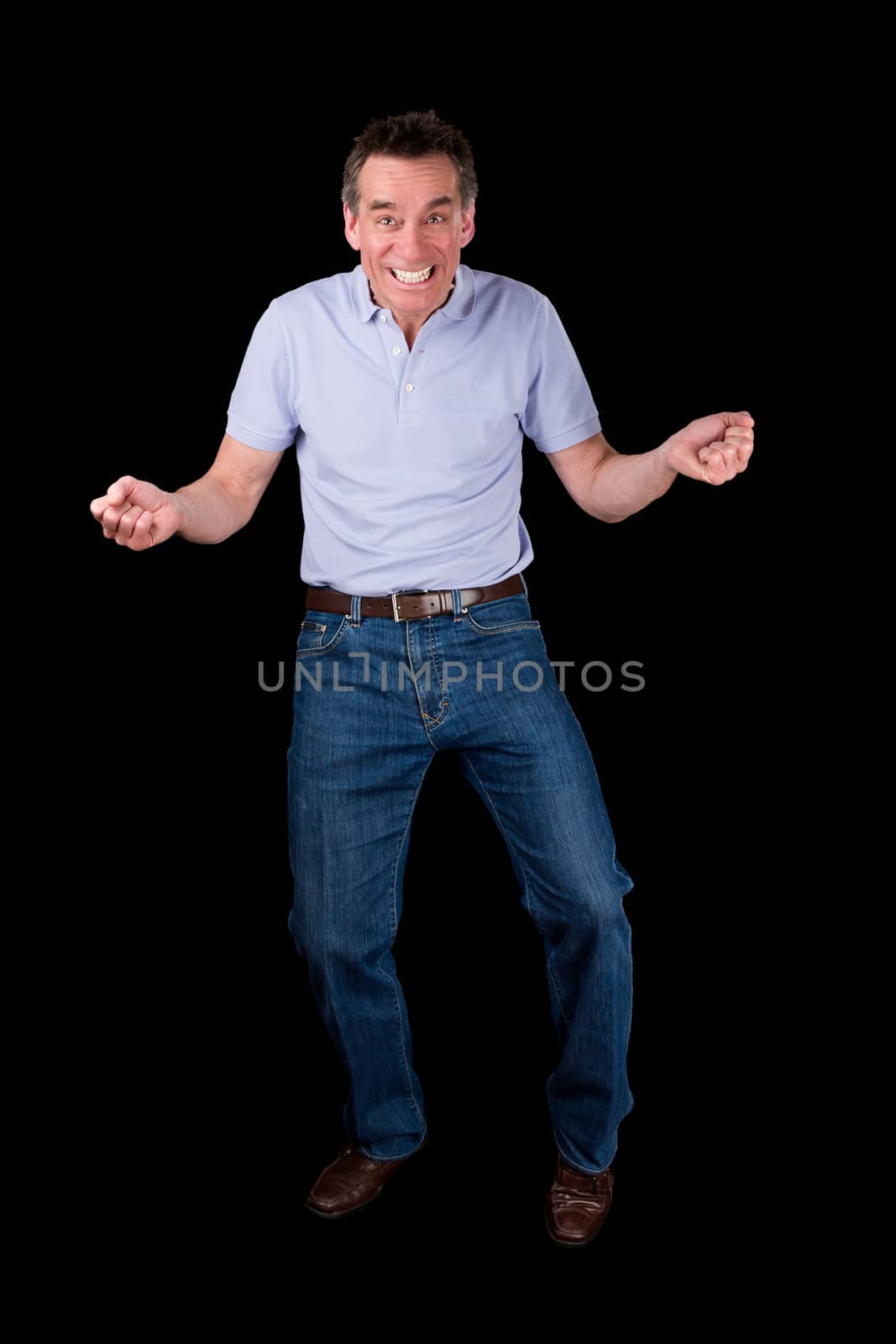 Funny Middle Age Man Dancing with Cheesy Grin Black Background