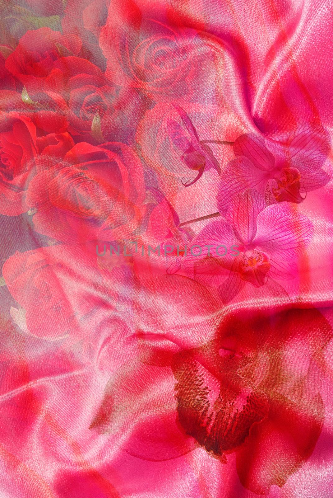 Romantic background with varioius flowers in pink satin