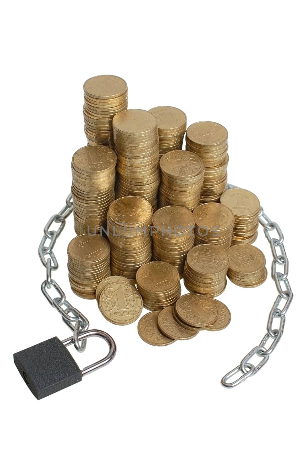 It is a lot of coins piled and tied with a chain,
isolated on a white background.