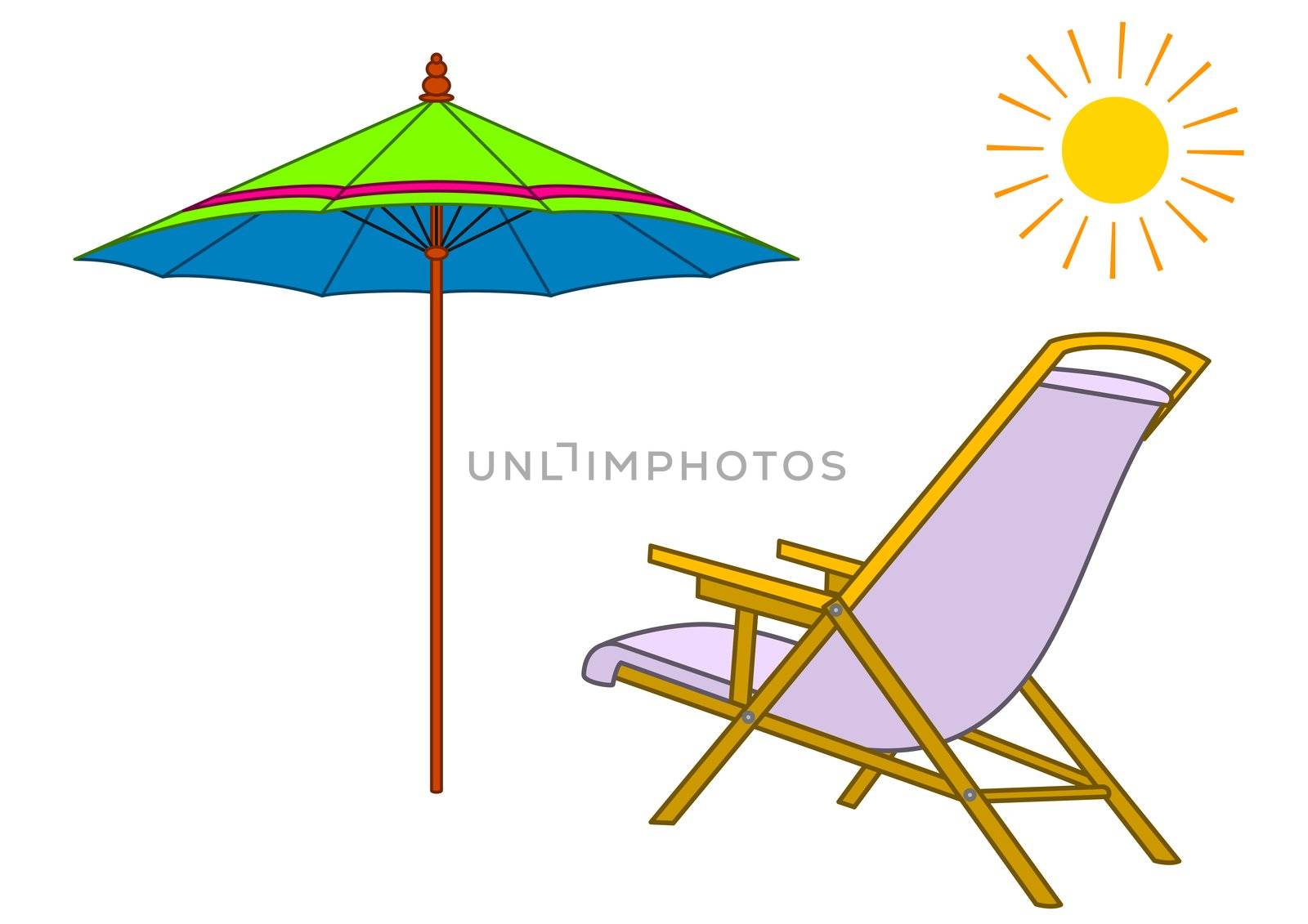 Summer objects: a beach chaise lounge, an umbrella and the sun