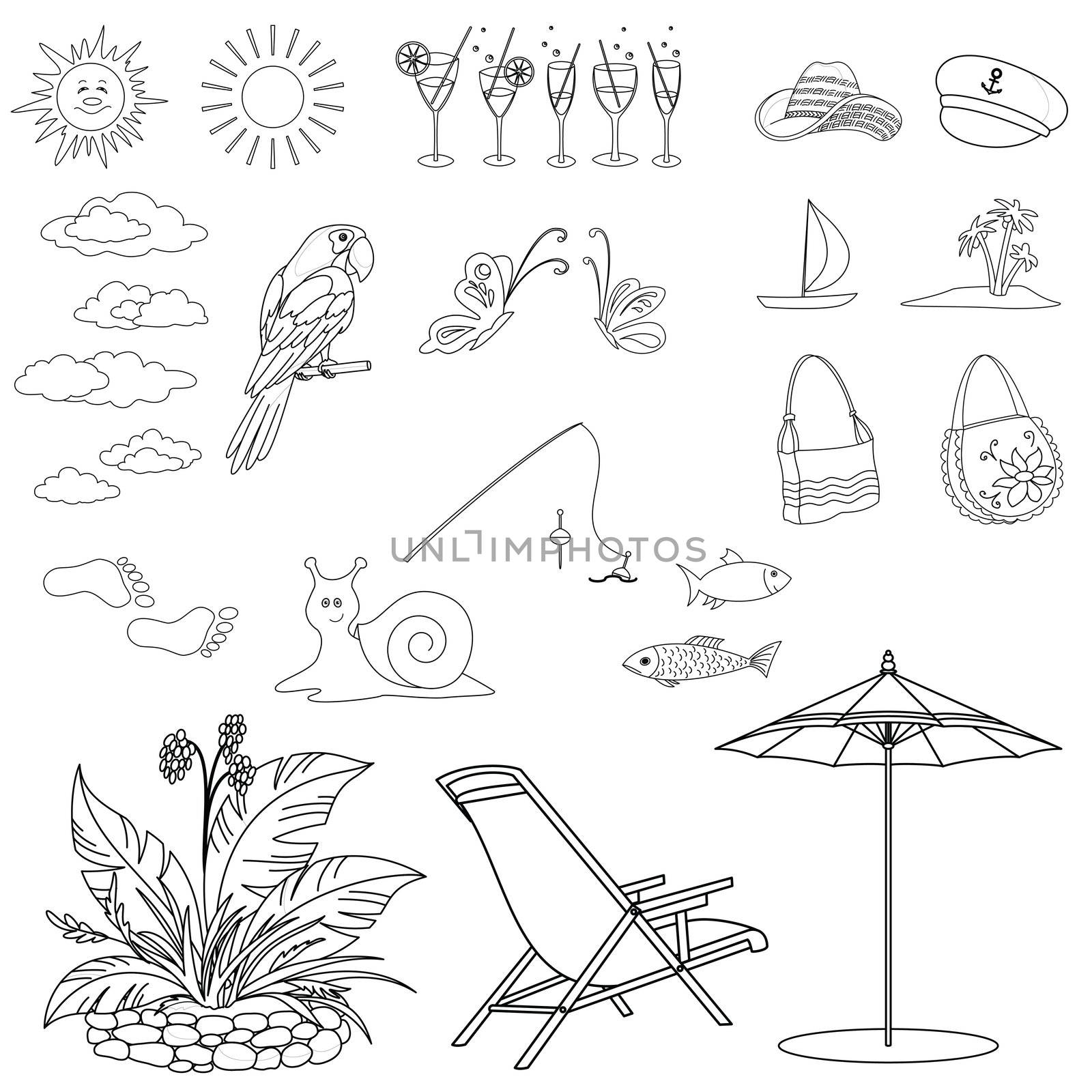 Set objects represent summer, exotic and a beach, black contour on white background. Vector illustration