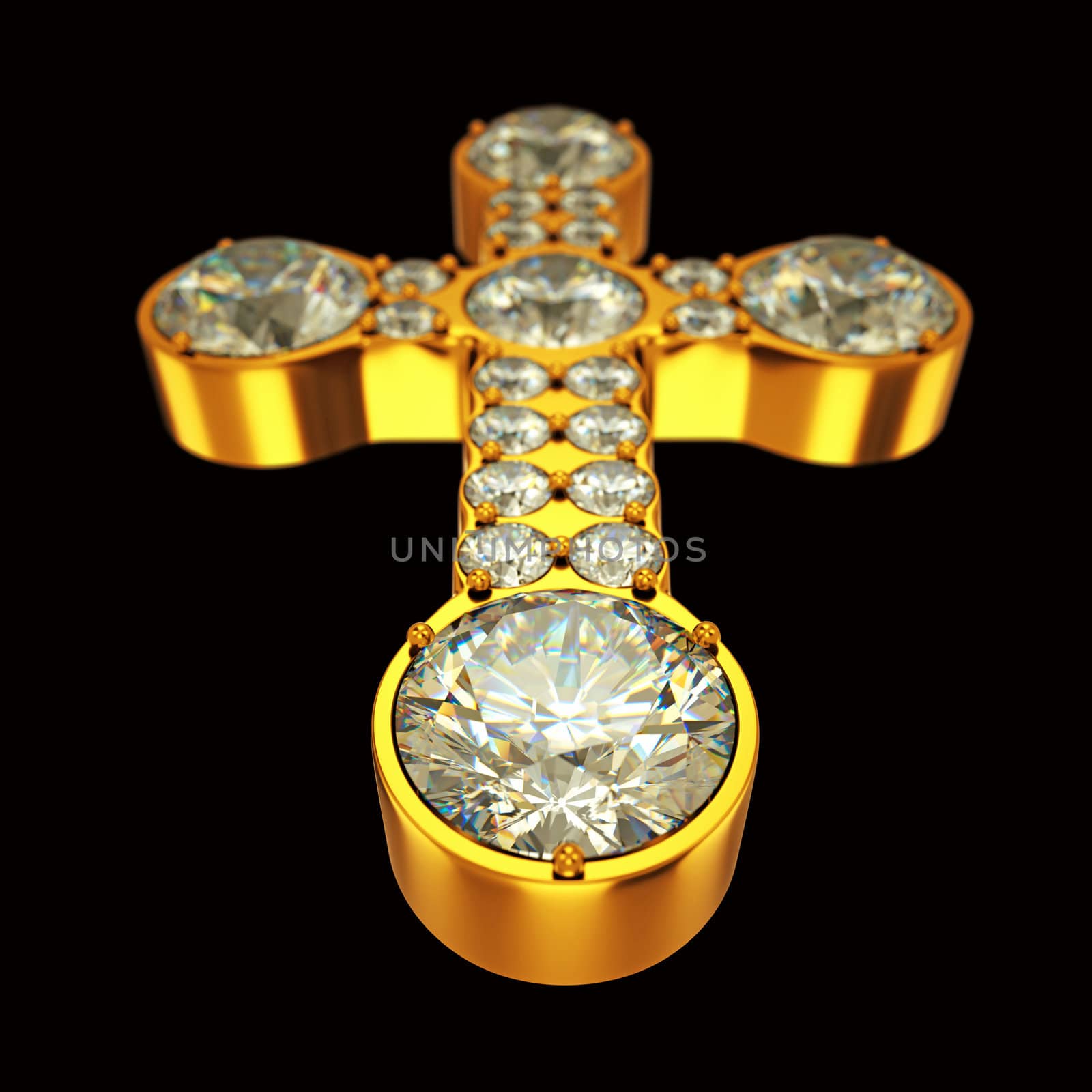 Jewelery: golden cross with diamonds over black. Custom made and rendered