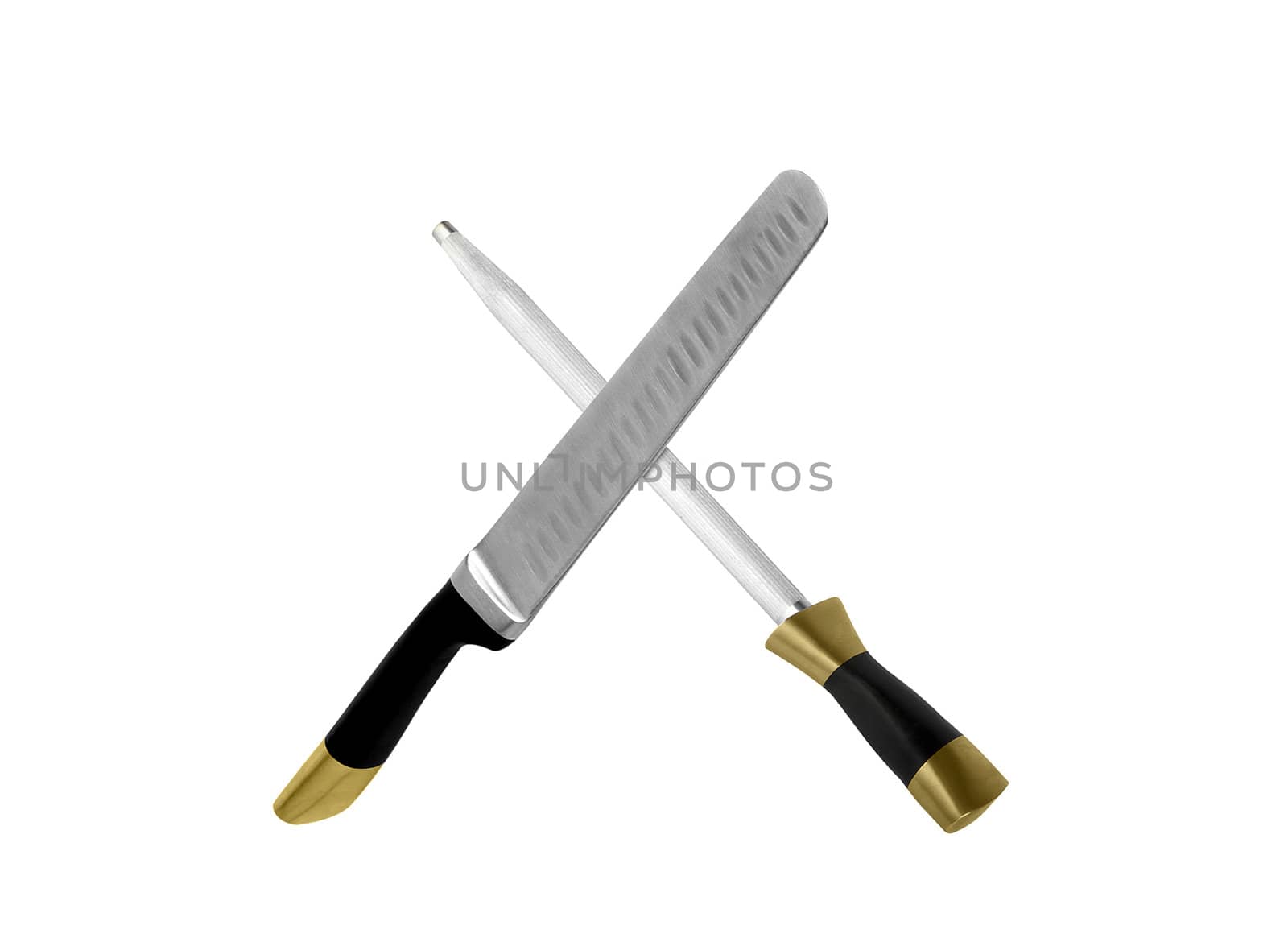 Knife and sharpener isolated on white background