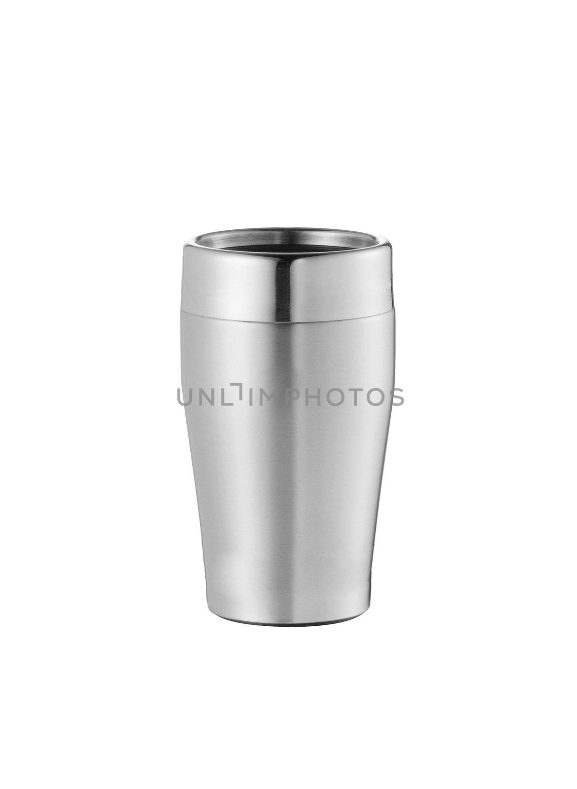 Big steel cup with lid and handle isolated on white