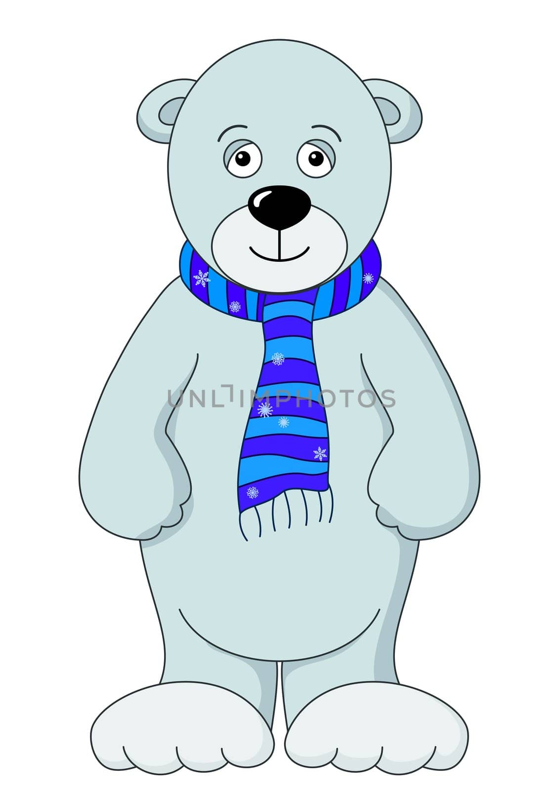 Teddy bear in scarf standing and smiling. Children's toy, isolated