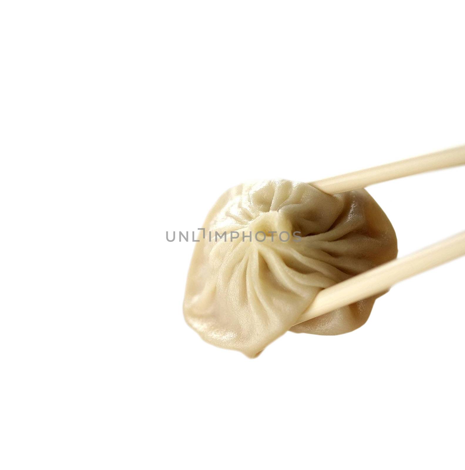 Ravioli & chopsticks isolated on white background