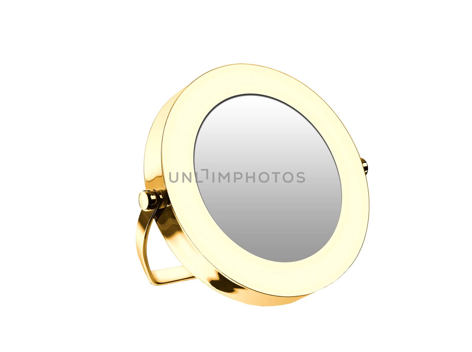 Golden cosmetic mirror isolated on white background
