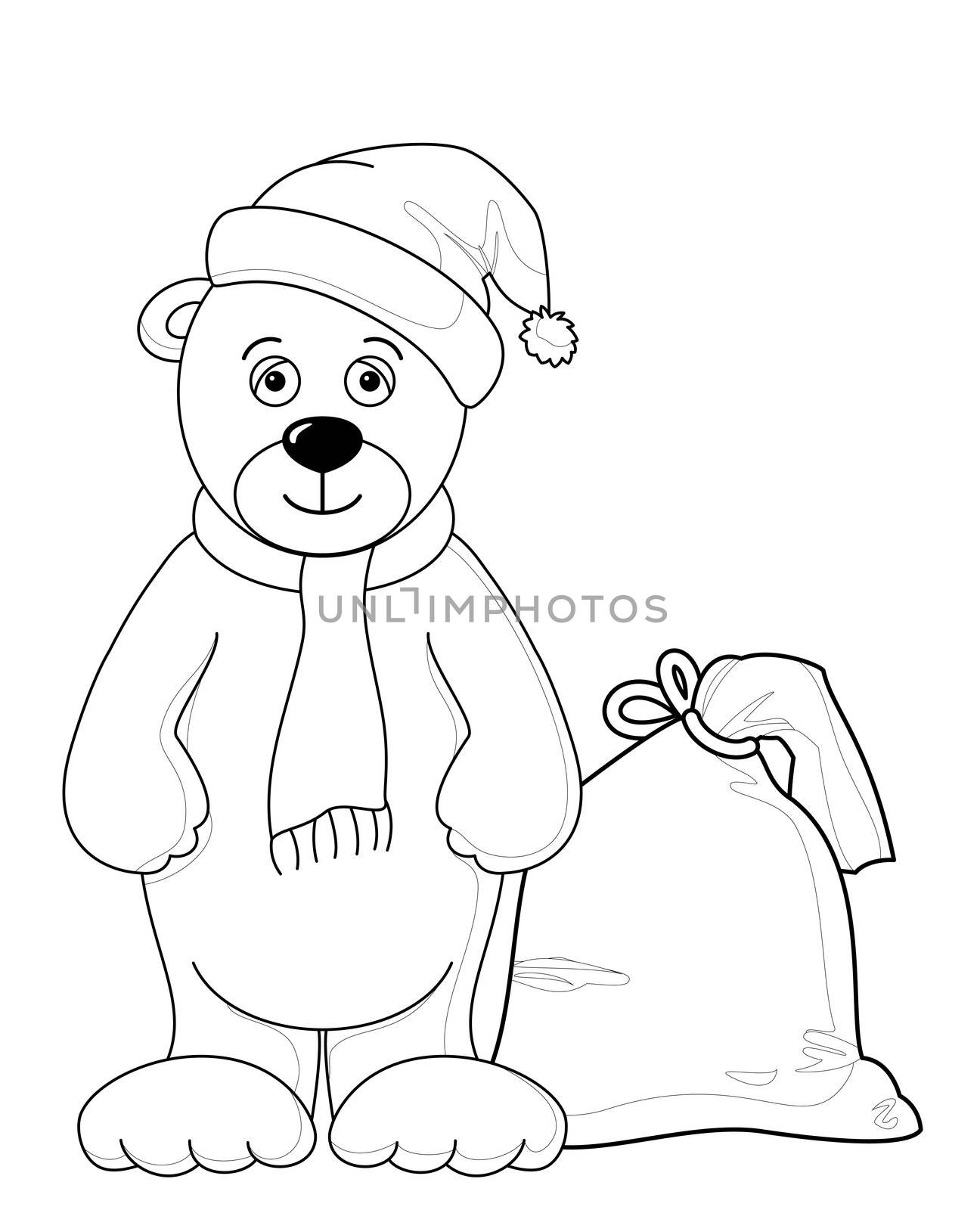 Teddy bear Santa Claus with a bag of Christmas gifts, contours