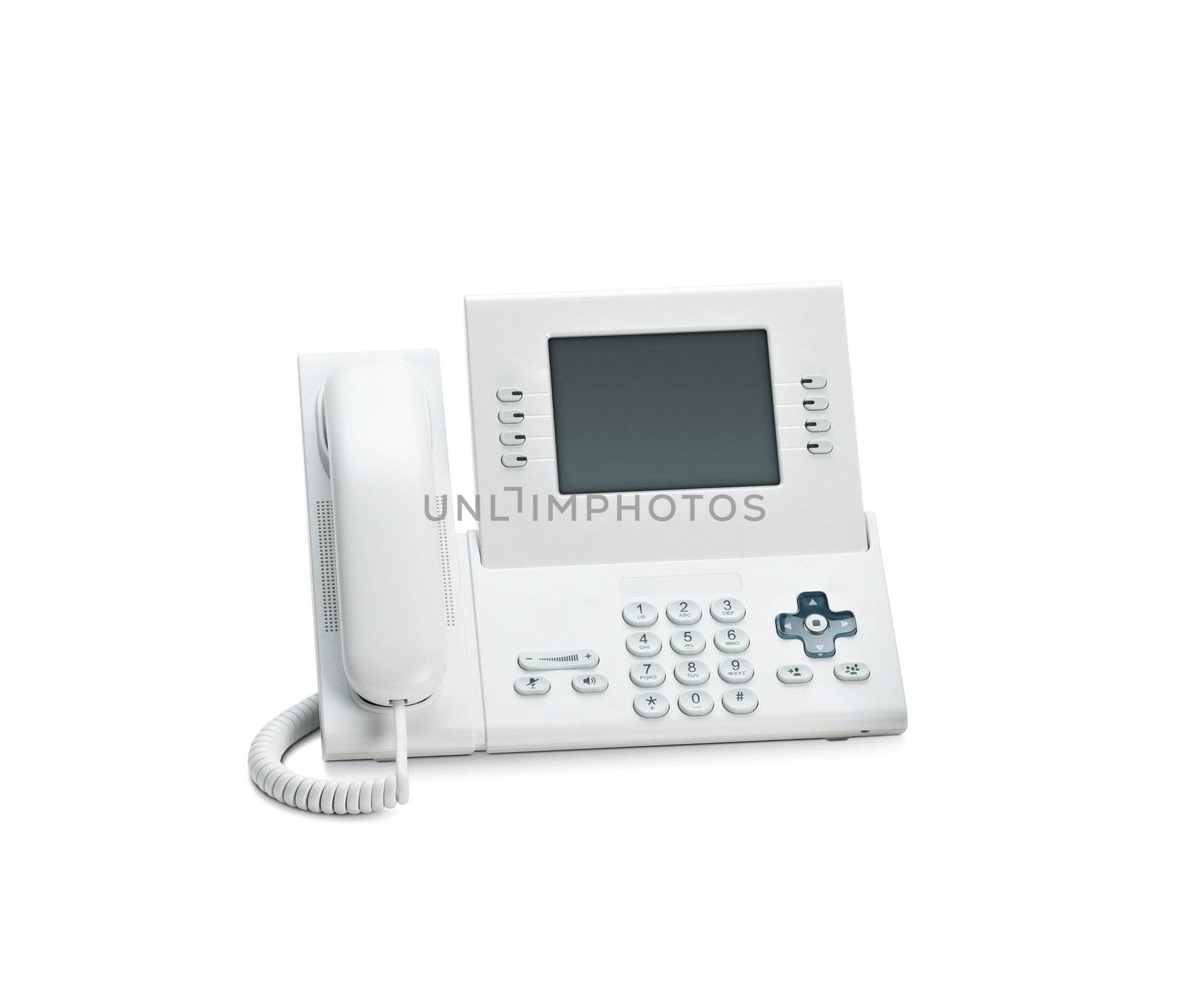 Office IP telephone set with LCD display isolated on white