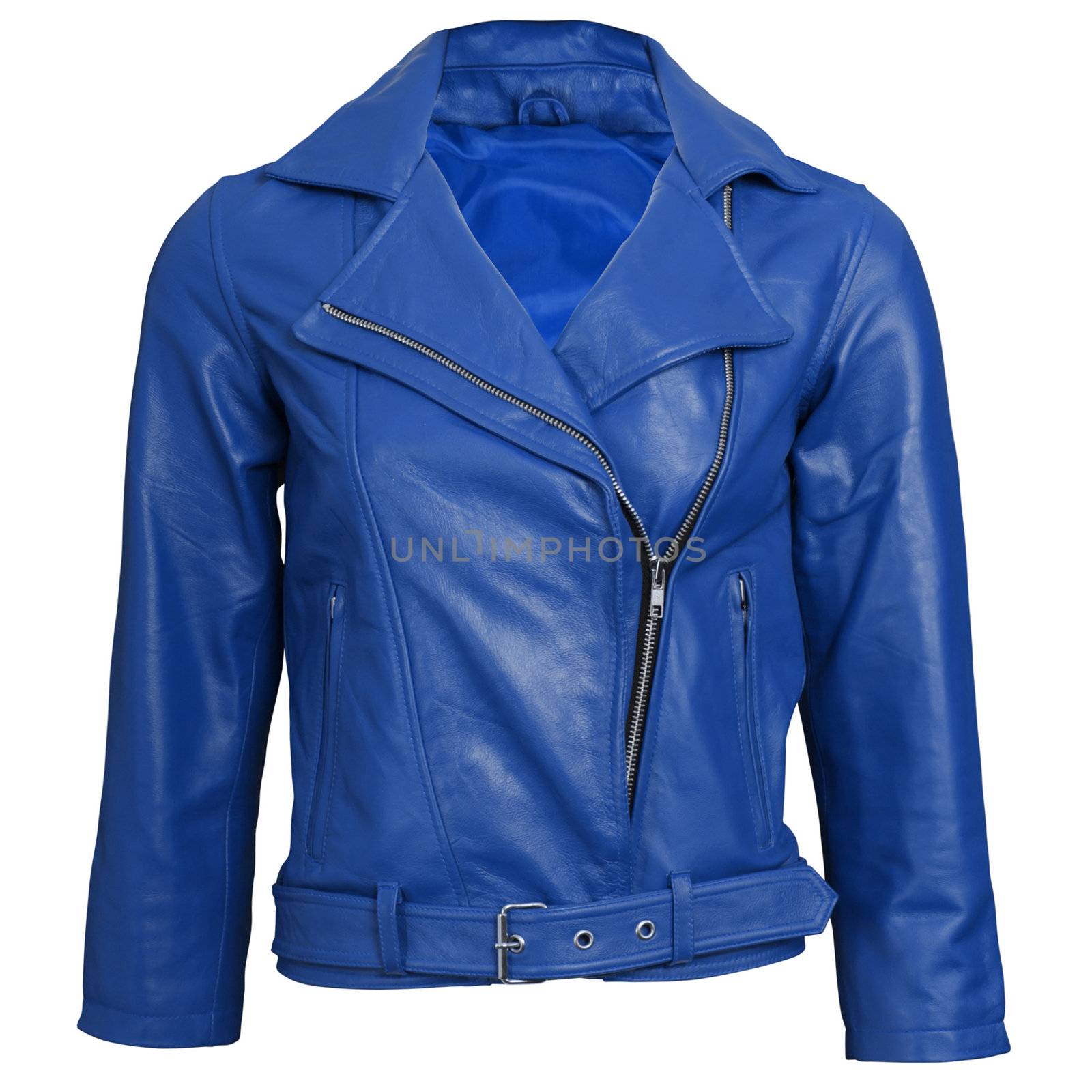 a blue leather jacket