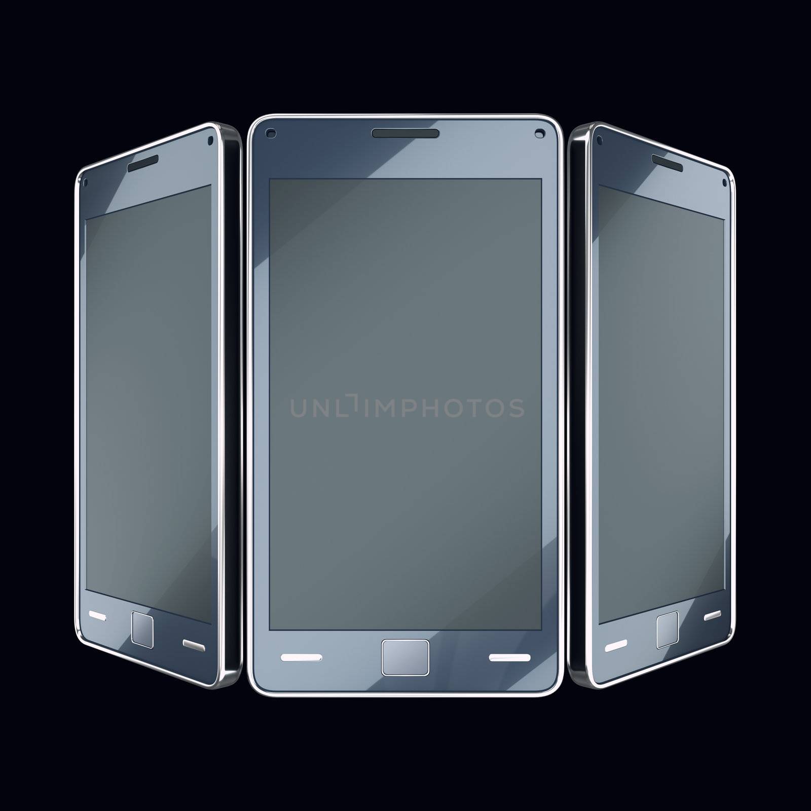 Communication and mobility: smart phones with touch screens on black (custom made and rendered) 