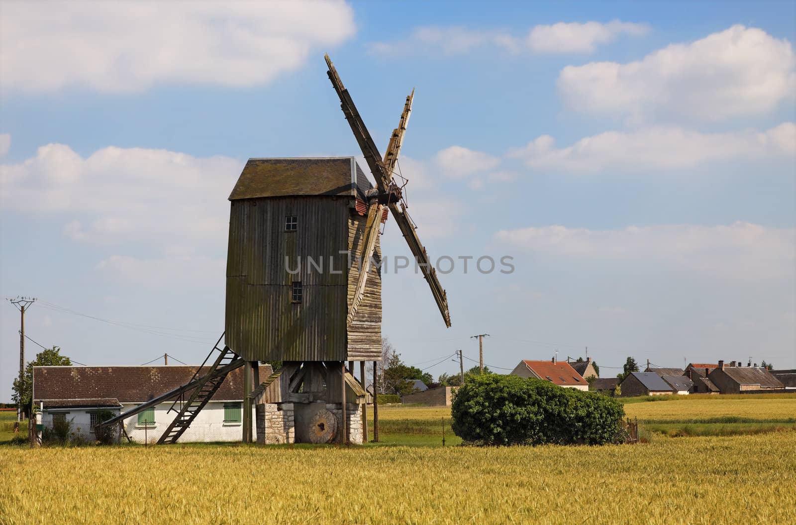 Traditional wooden windmill in France in the Eure &Loir Valley region.This is Saint-Thomas mill.
