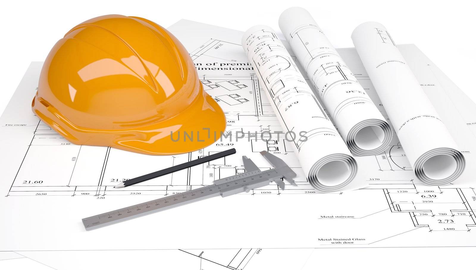 Construction helmet and calipers in the drawings. Isolated on white background