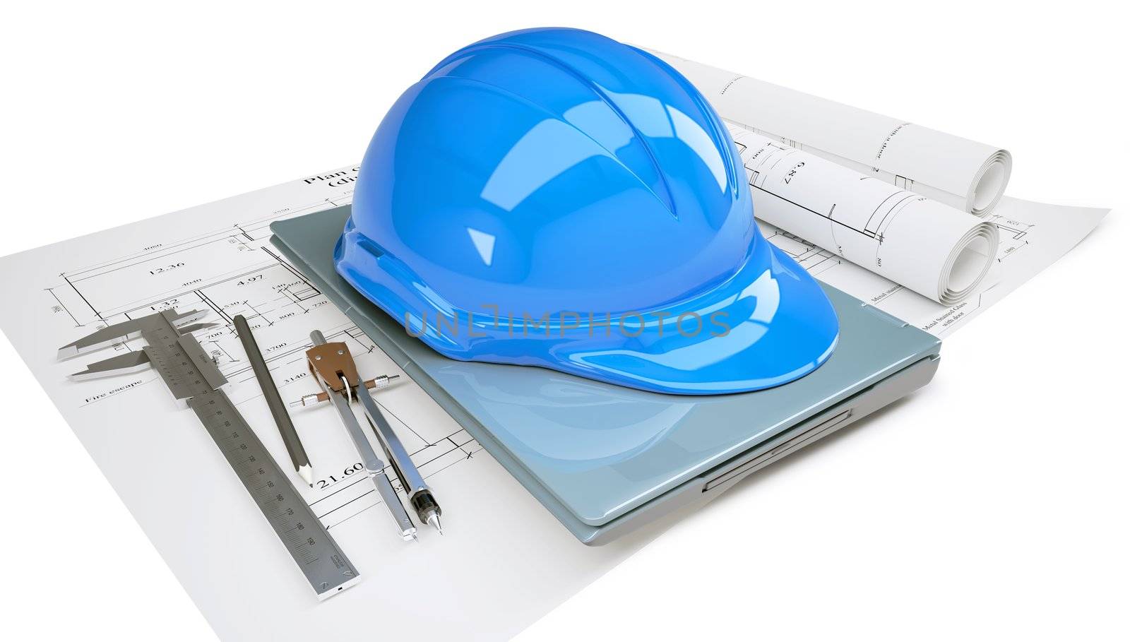 Construction helmet and laptop in the drawings. Isolated on white background