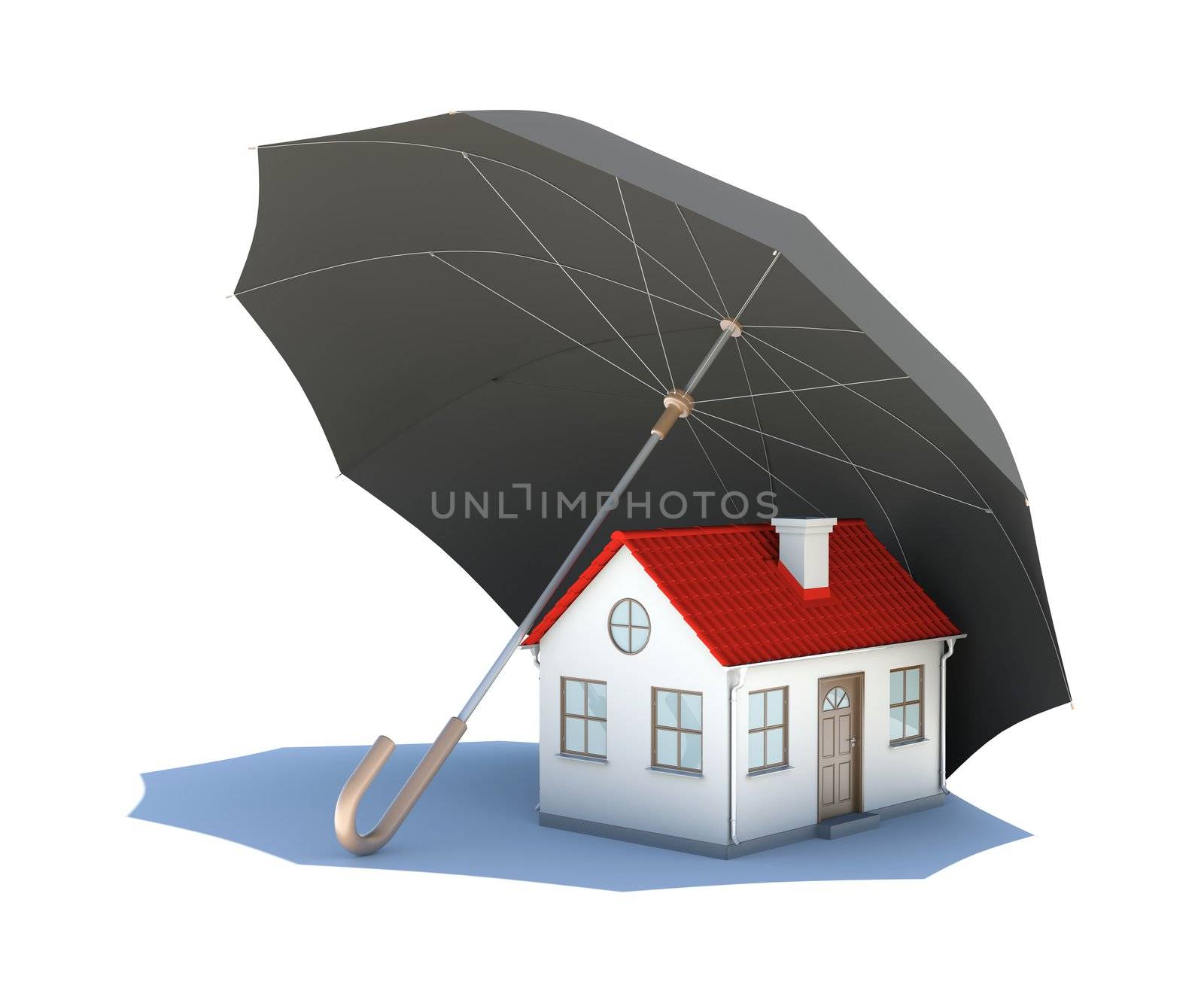 Umbrella covering the house. Isolated on white background