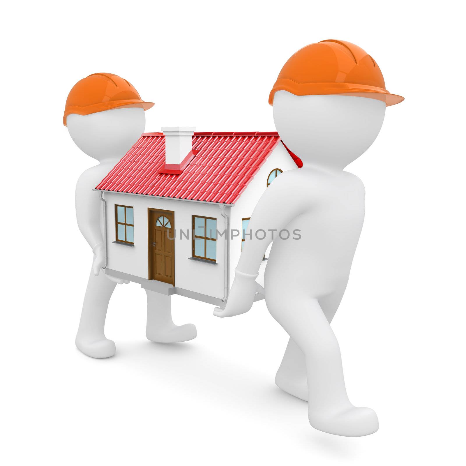 Two workers in hard hats have house with red roof by cherezoff