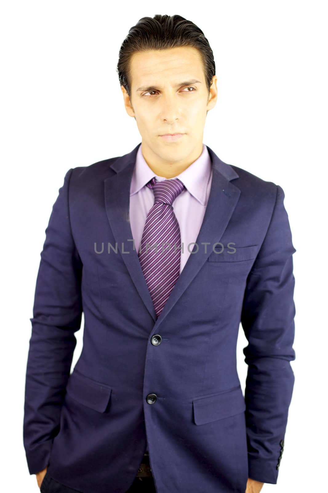 handsome businessman with pink suit thinking and looking