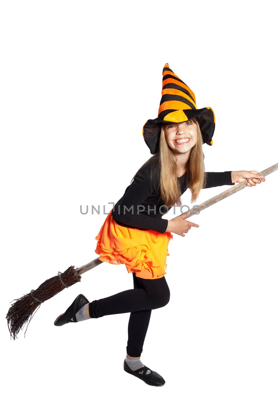 little witch flying with her ??broom on white background