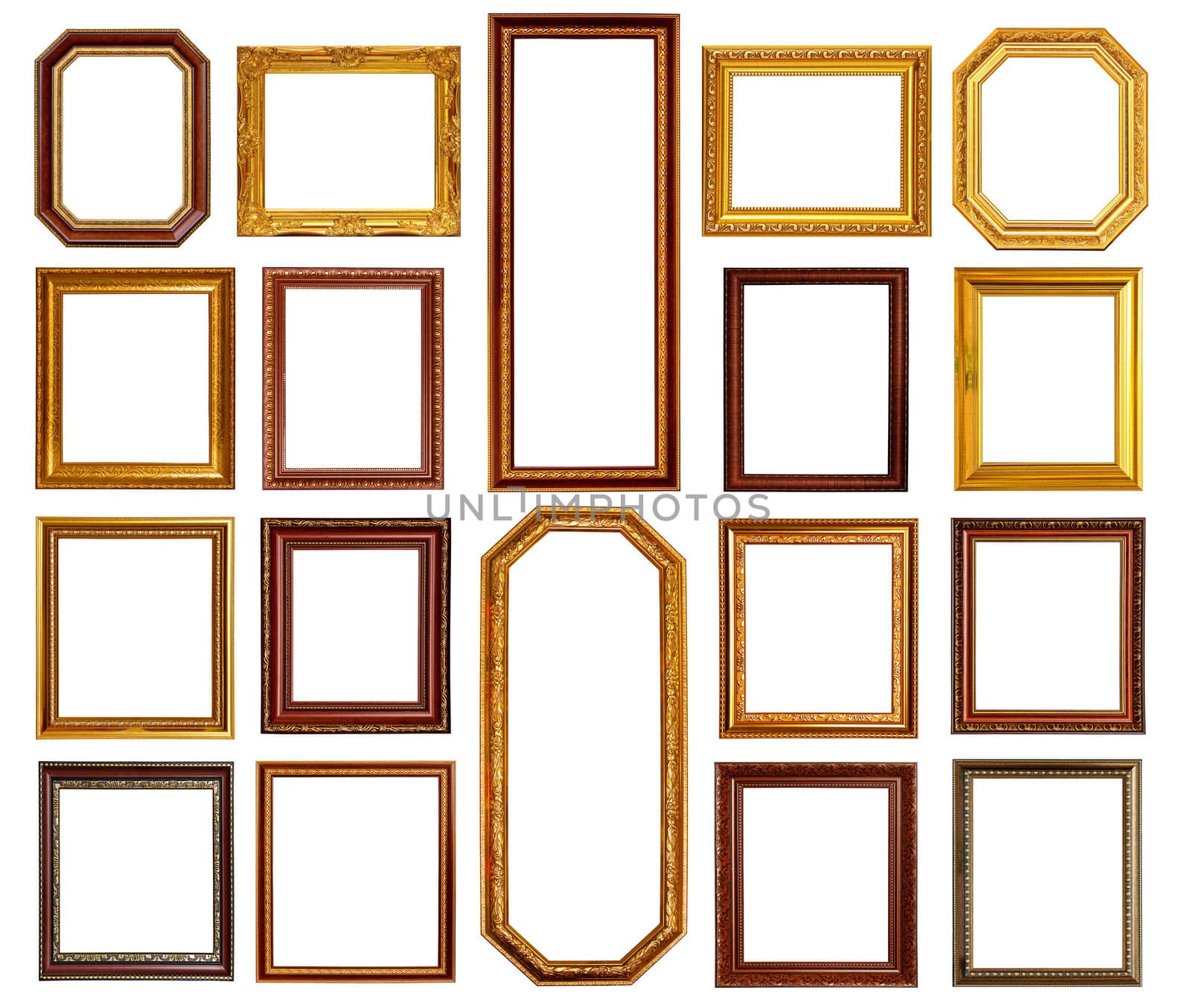 Gold and wood frame Collection on white background