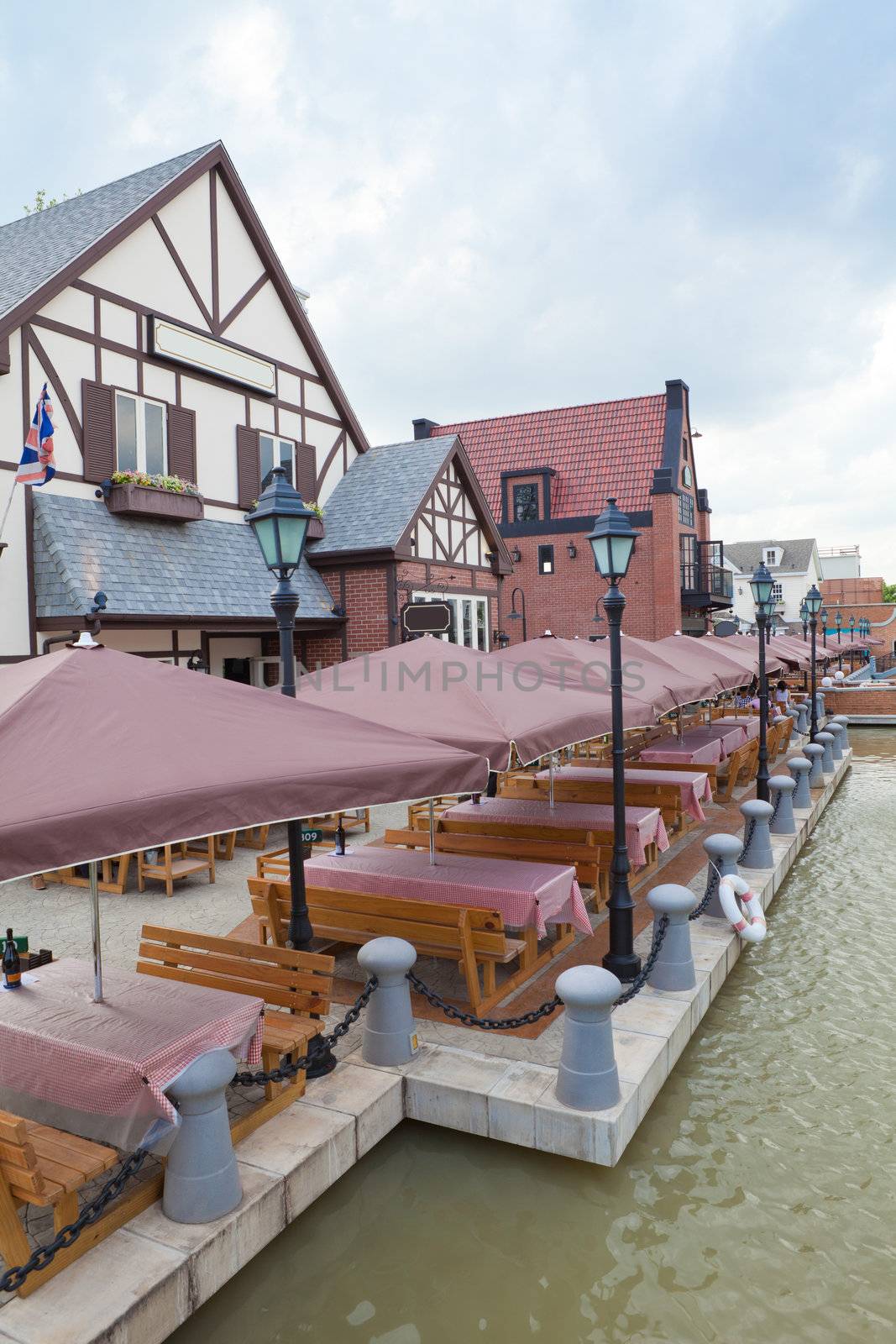 View of empty outdoor restaurant in Thailand