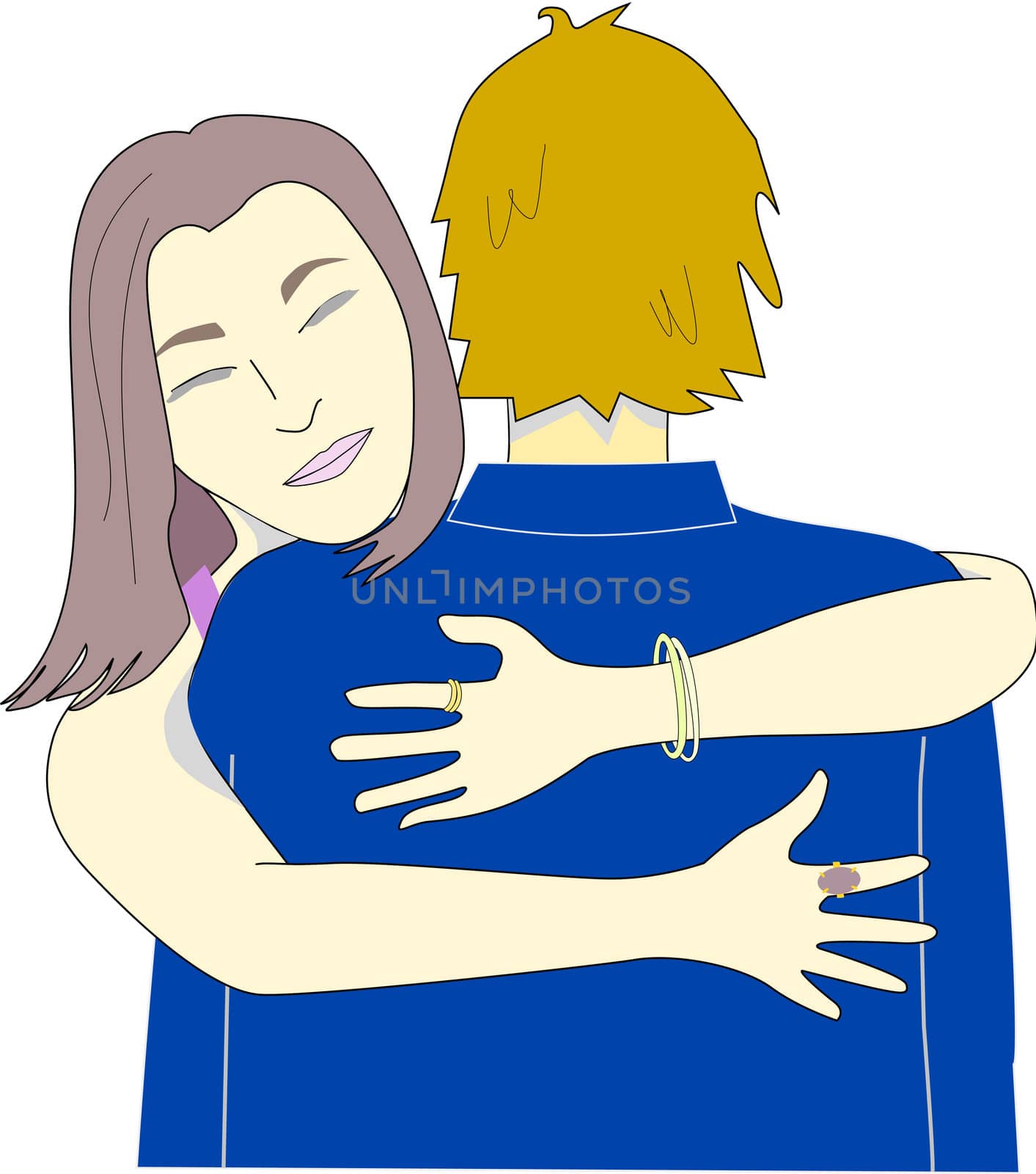 Young woman hugs a man that could be her friend, partner or work colleague.