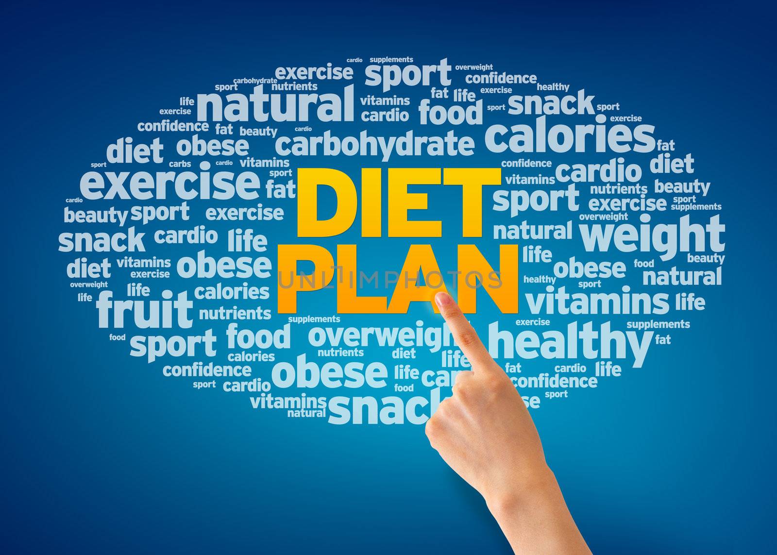 Hand pointing at a Diet Plan Word Cloud on blue background.