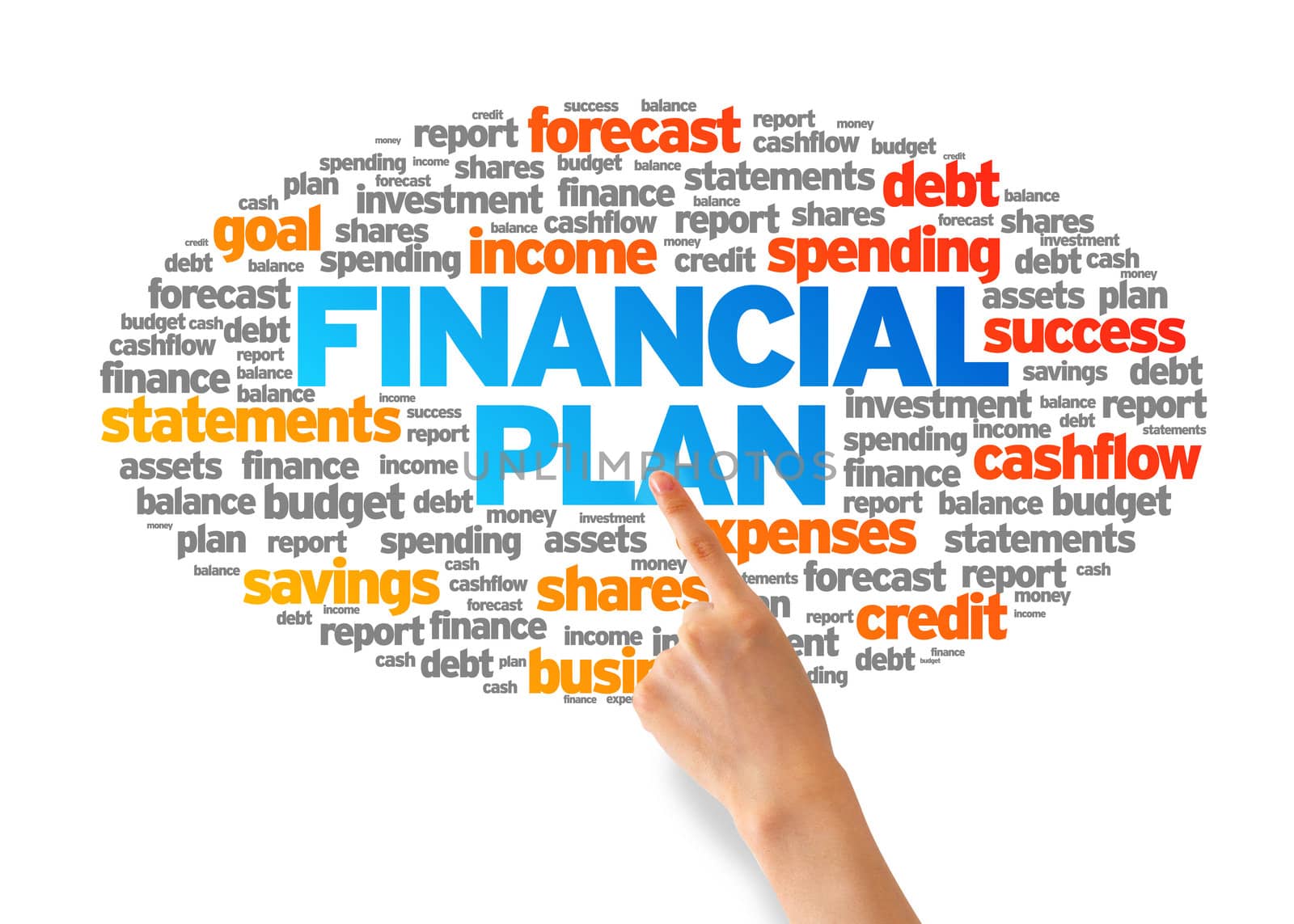 Hand pointing at a Financial Plan Word illustration on white background.