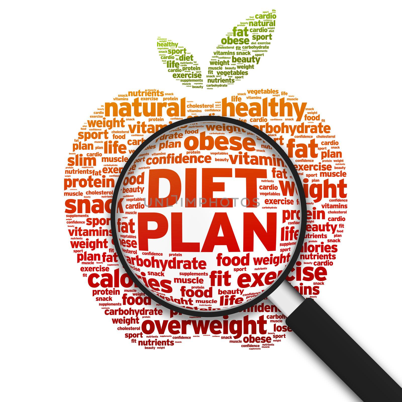Magnified illustration with the word Diet Plan on white background.