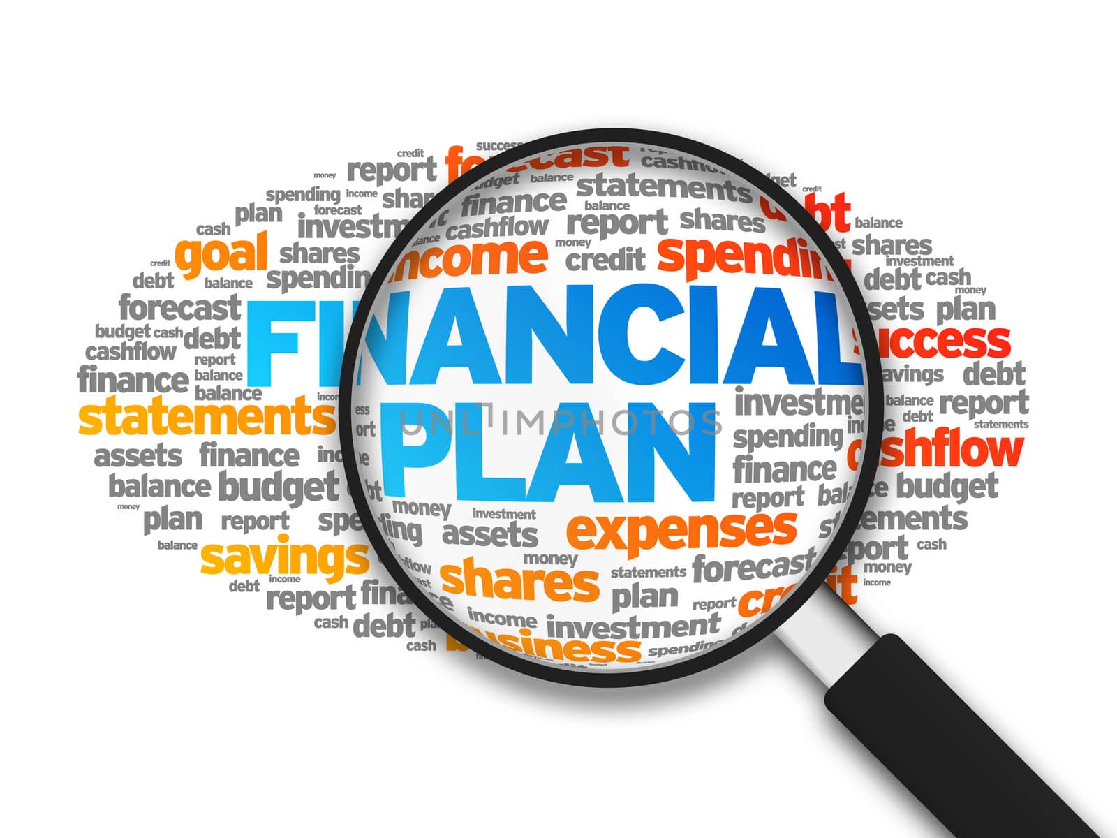 Magnified illustration with the word Financial Plan on white background.