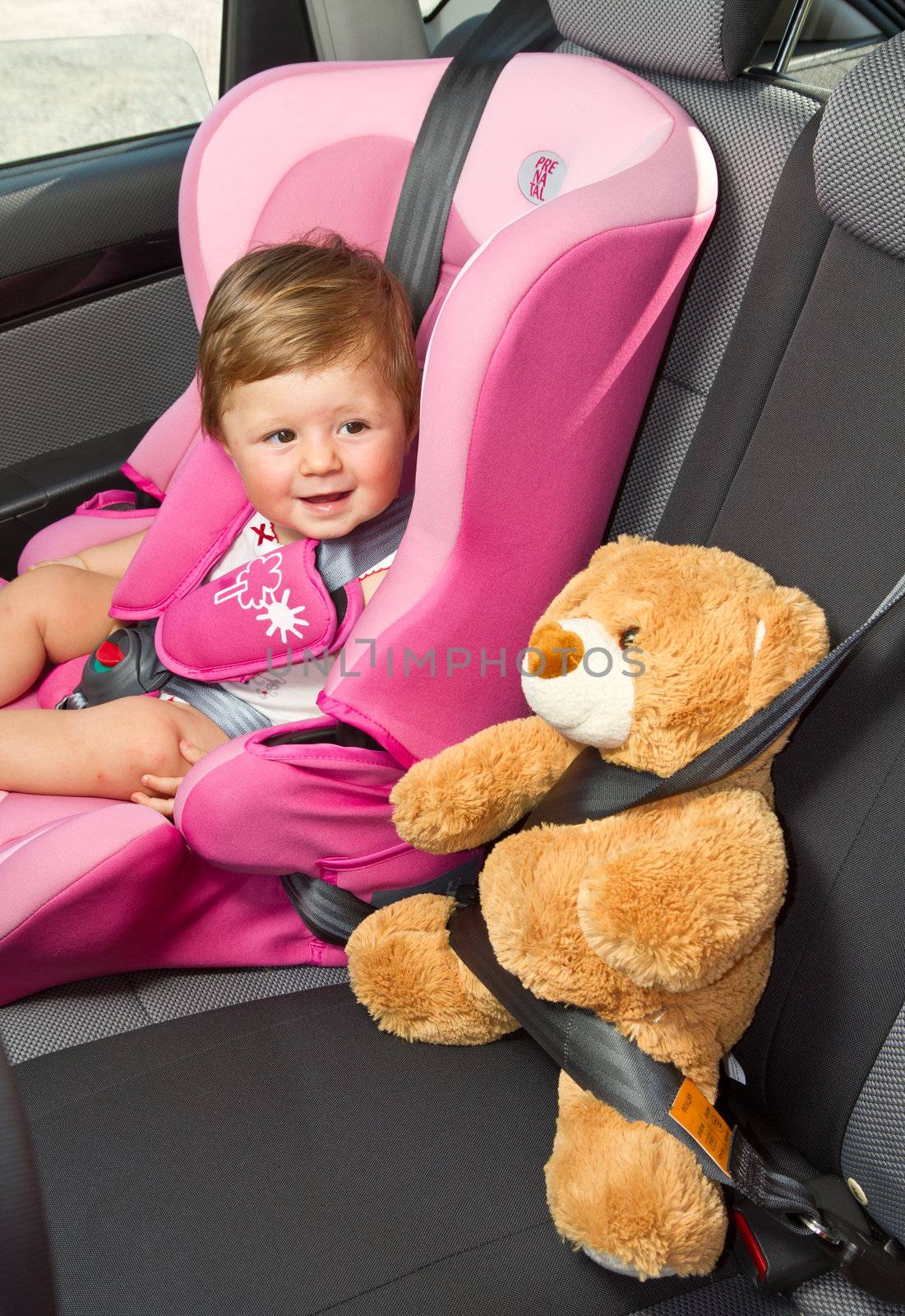 baby girl with his teddy bear smile in car 