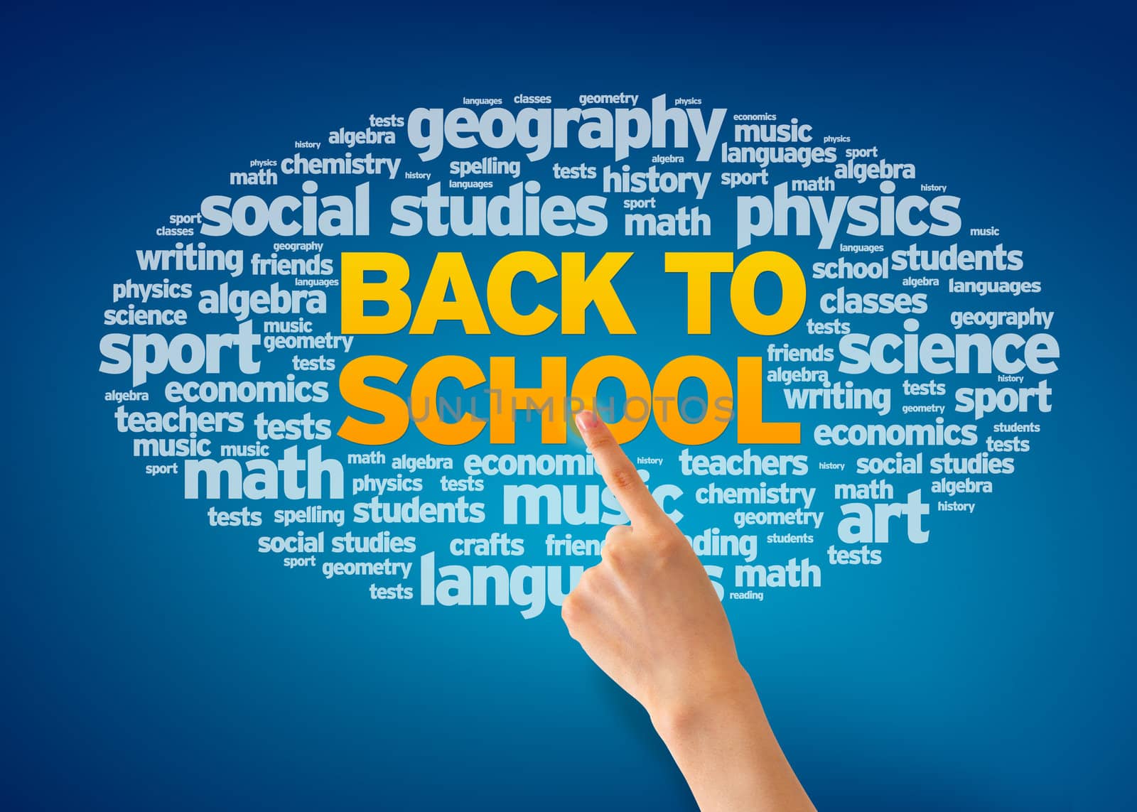 Hand pointing at a Back To School Word Cloud on blue background.