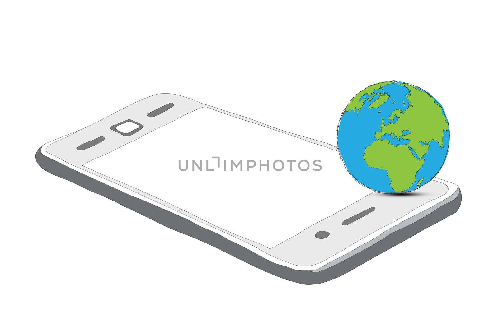 drawing phone and world globe isolated on white