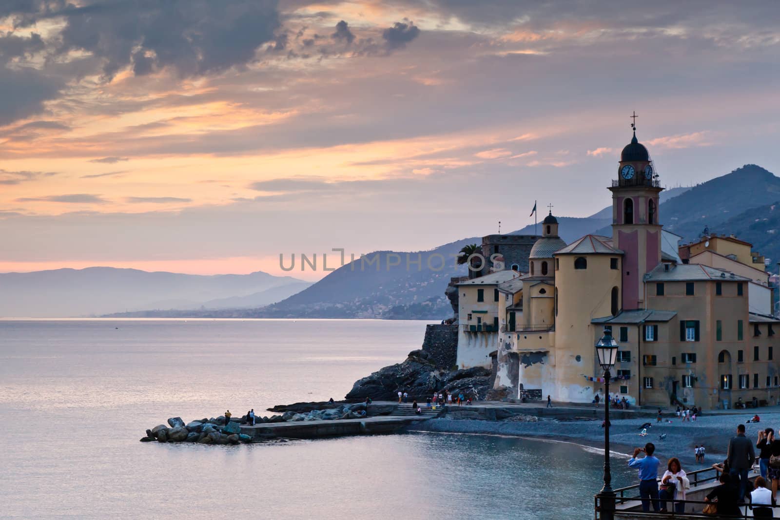 Dramatic Sunset on the Pebble Beach of Camogli near Genoa, Italy