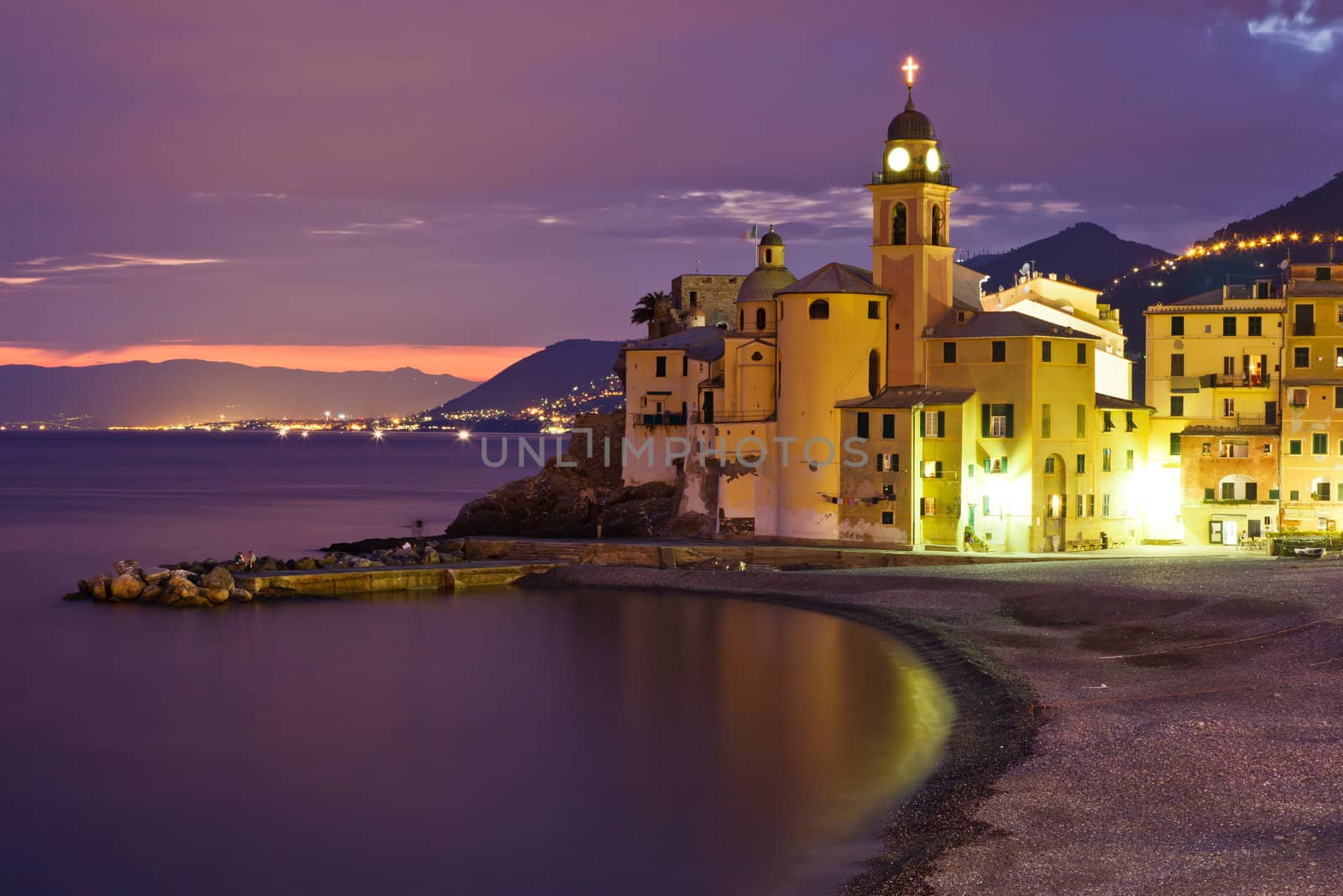 Beautiful Sunset on the Pebble Beach in Camogli near Genoa, Italy