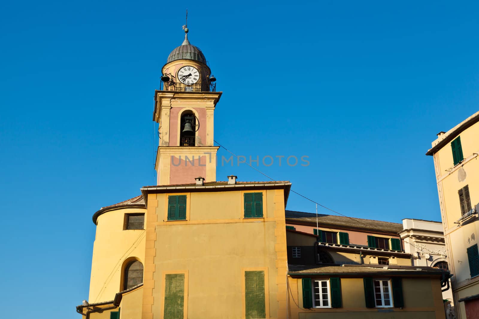 Bell Tower with Clock in the Village of Camogli, Italy