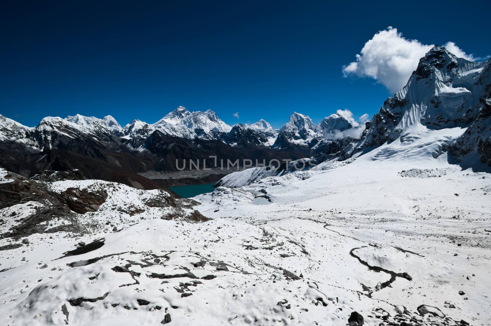 View from Renjo Pass: Everest Mt. and Gokyo lake. (shot at height 5435 m)