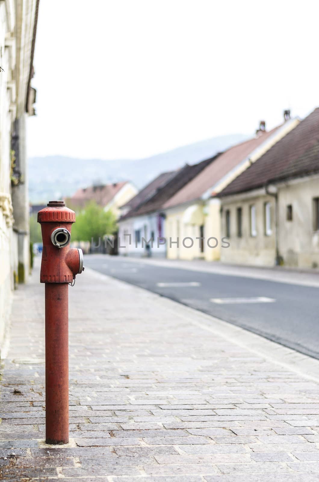 Red fire hydrant located on a sidewalk of village street.