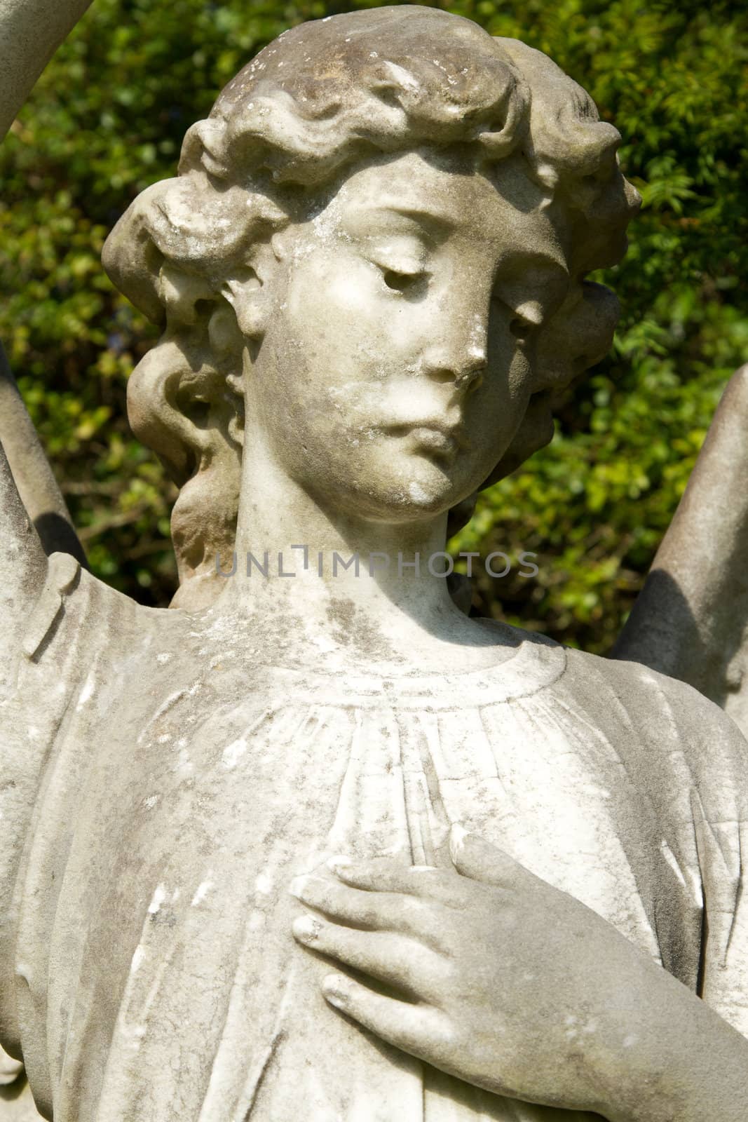 A stone carve statue of an angel, old, dirty and damaged with plants in the background.