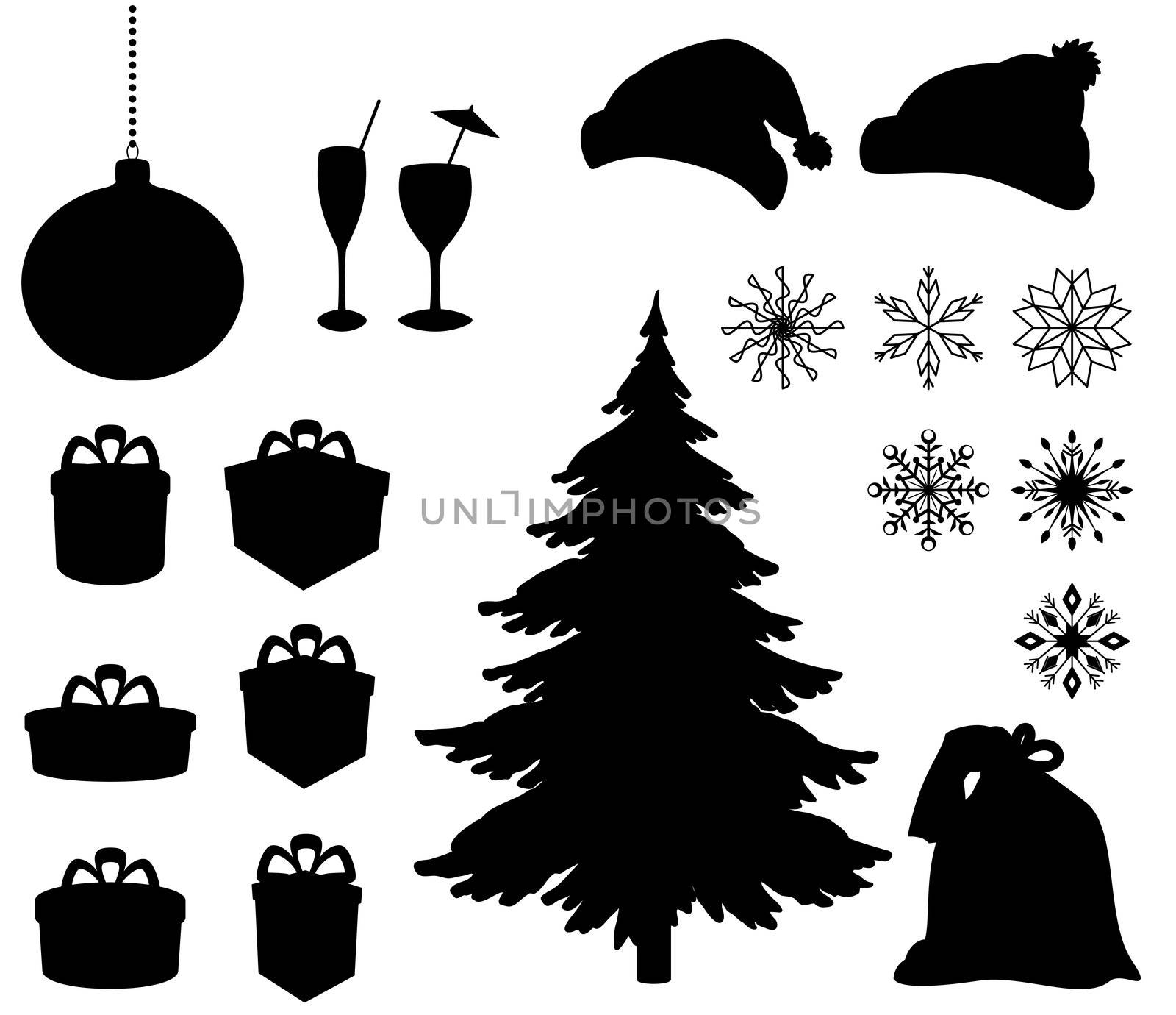 Set Christmas holiday objects. Black silhouette on white background. Vector