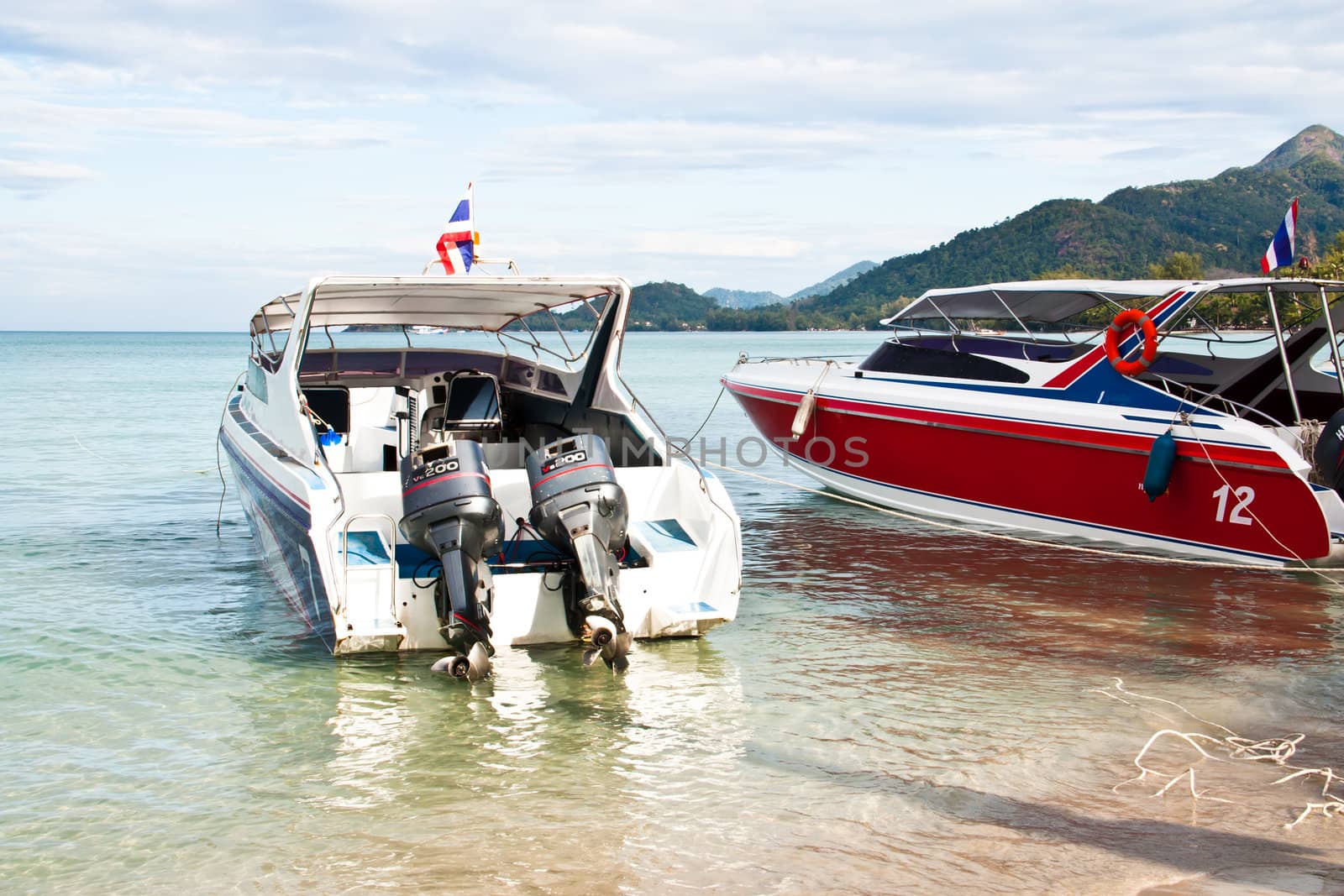 Fast boat in sea, aerial view in thailand