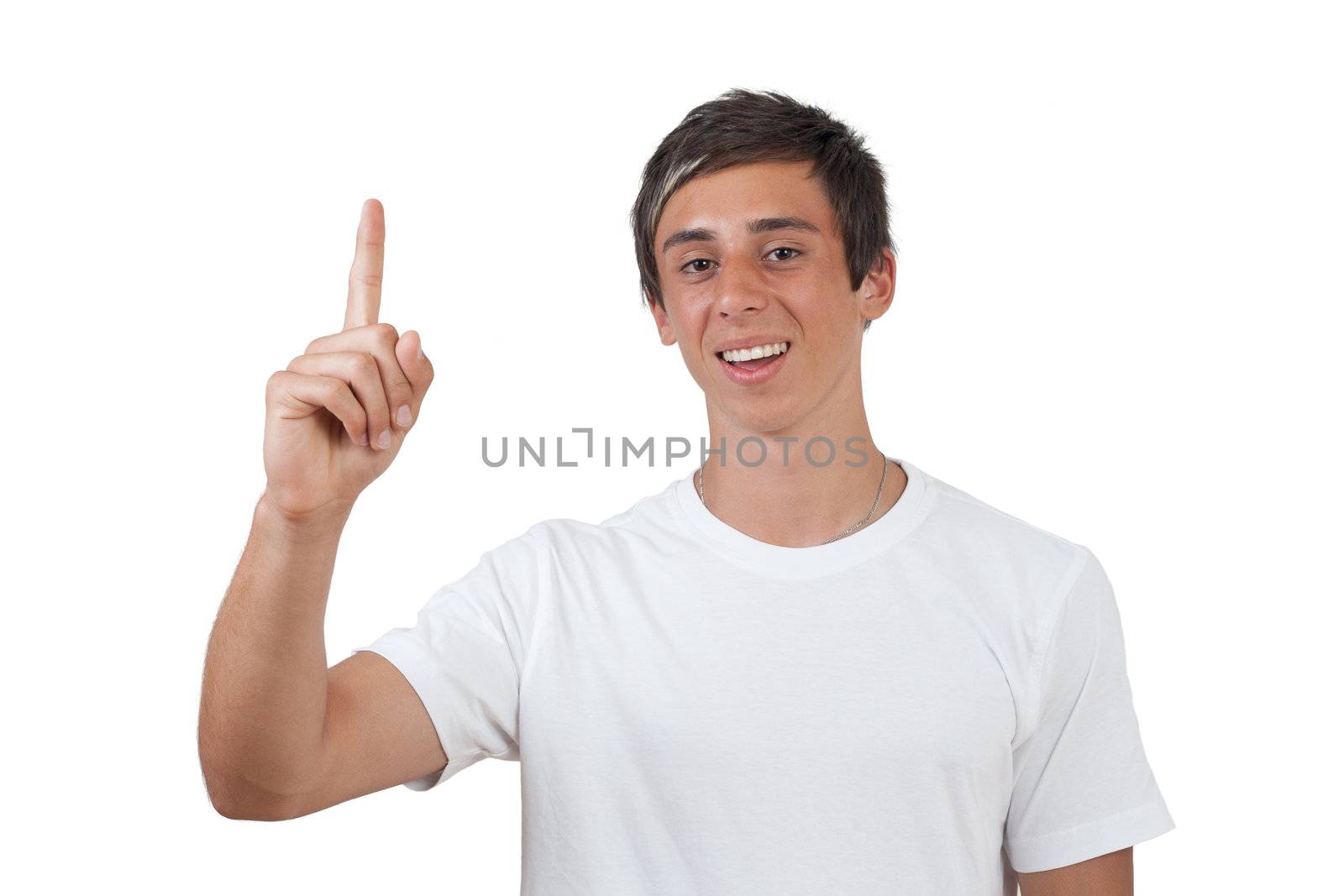 Portrait of a handsome swarthy man pointing finger up against white background