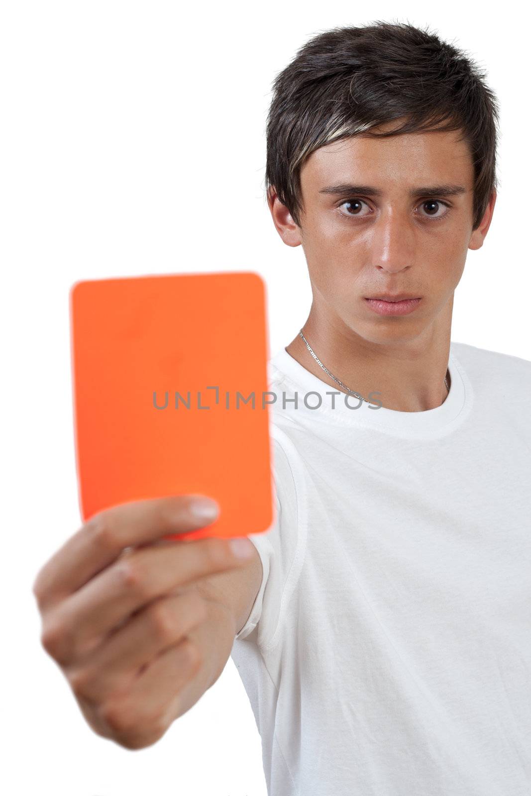 young swarthy man with  brown eyes showing red card